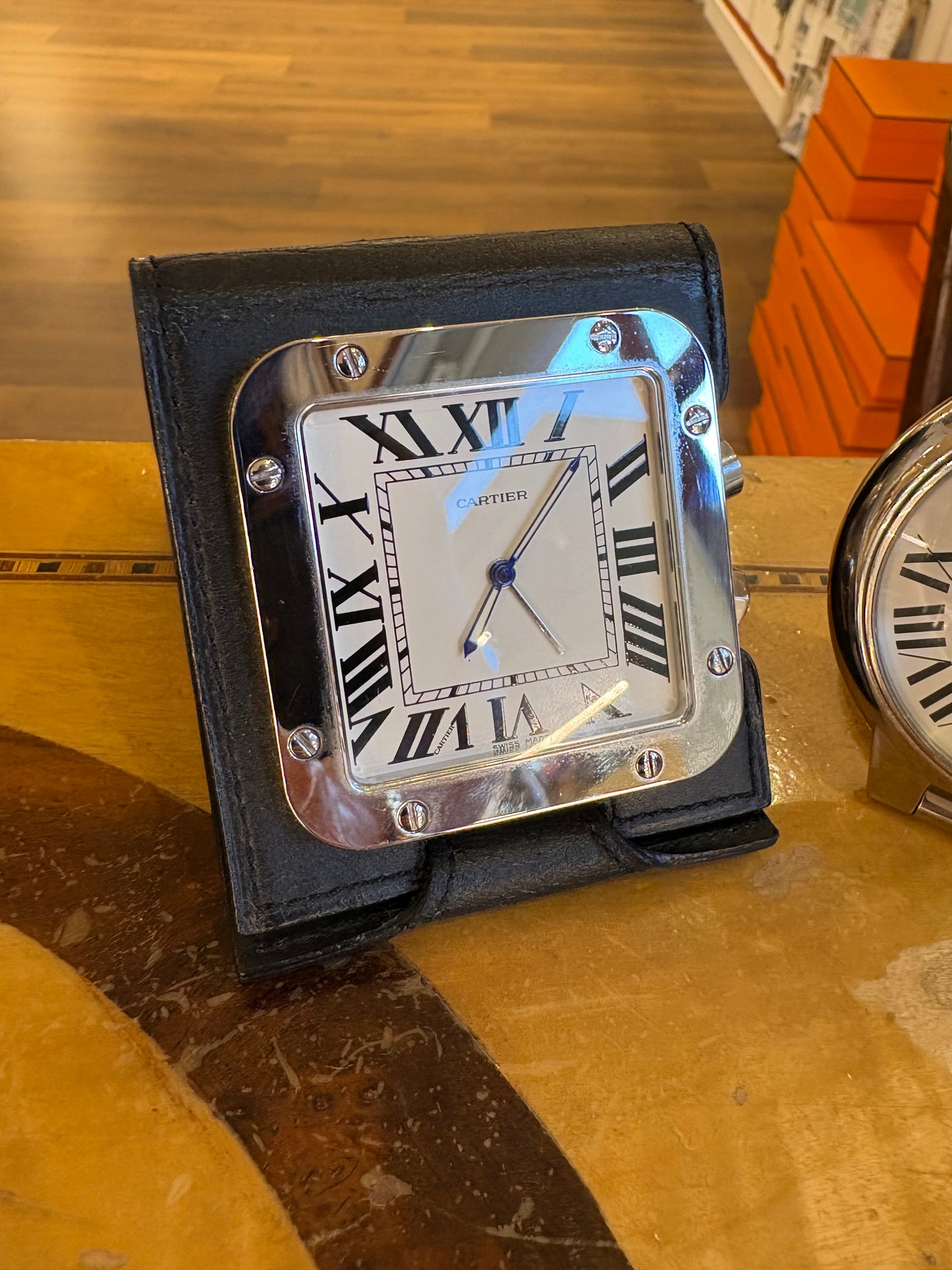 Cartier Orologio Sveglia da Viaggio Santos de Ref. 2750 in Acciaio e Pelle Nera