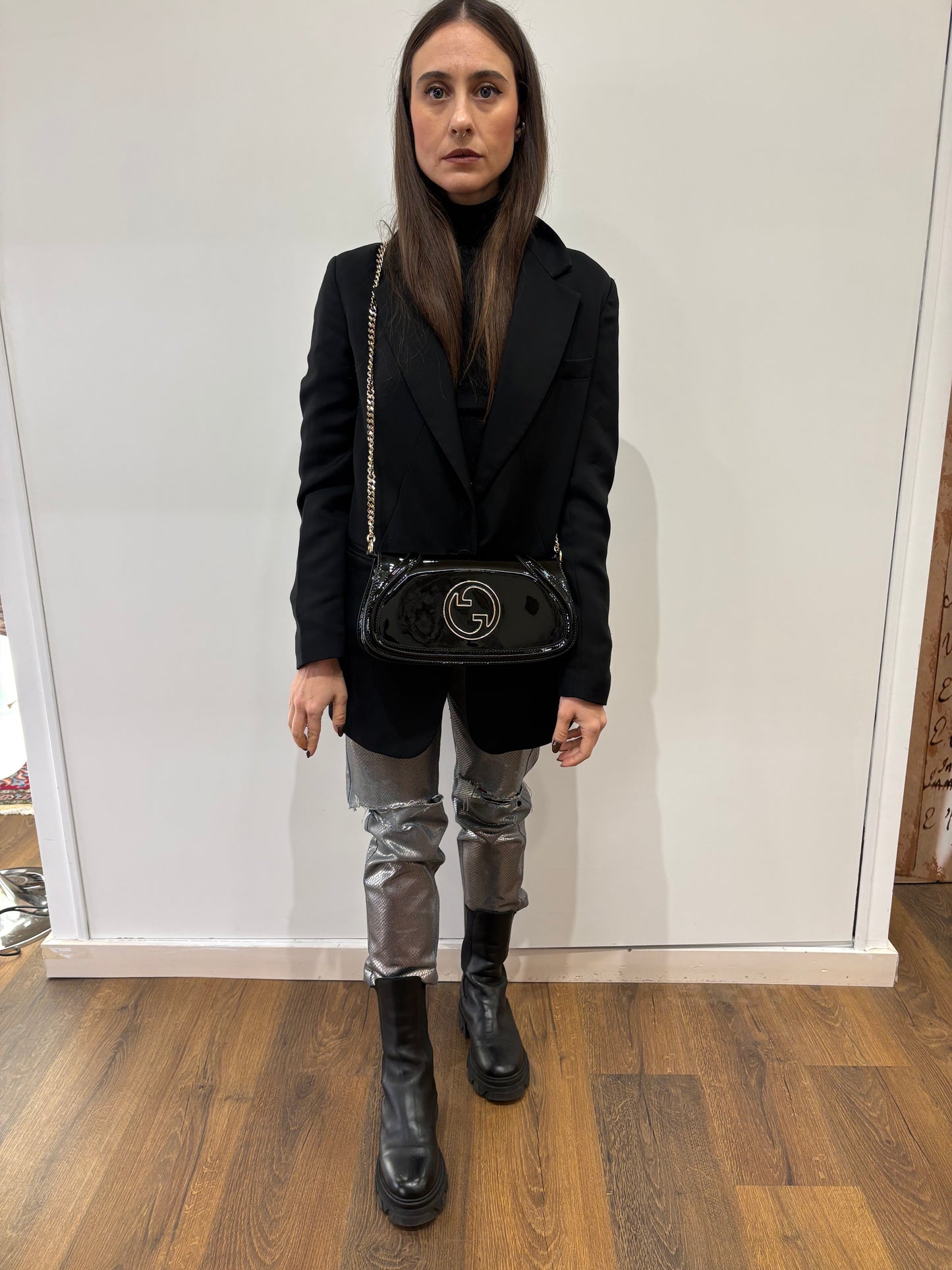 Gucci Blondie borsa in pelle verniciata nera nuova