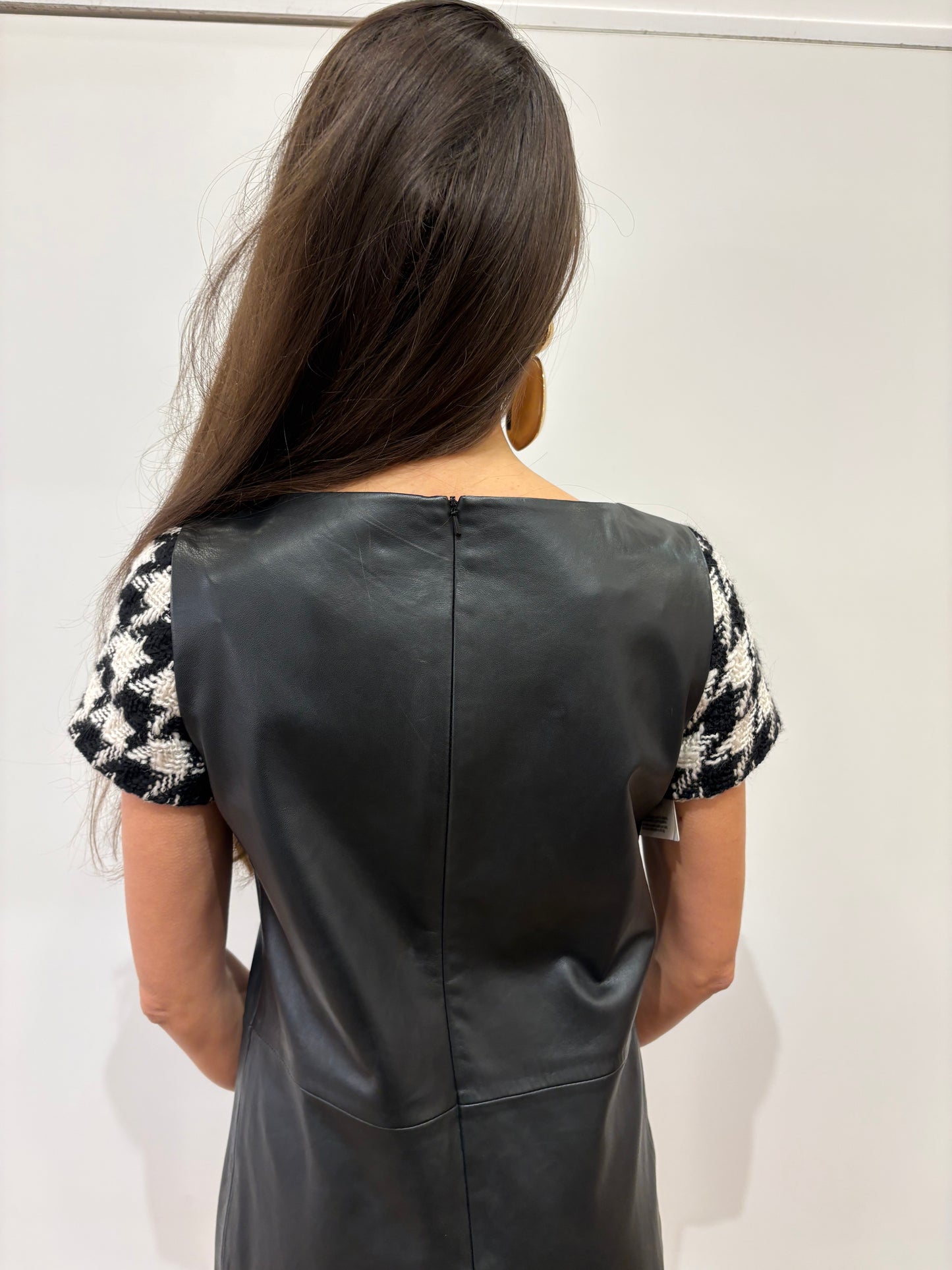 Moschino Boutique abito in pelle maniche lana pied de poule . Nuovo