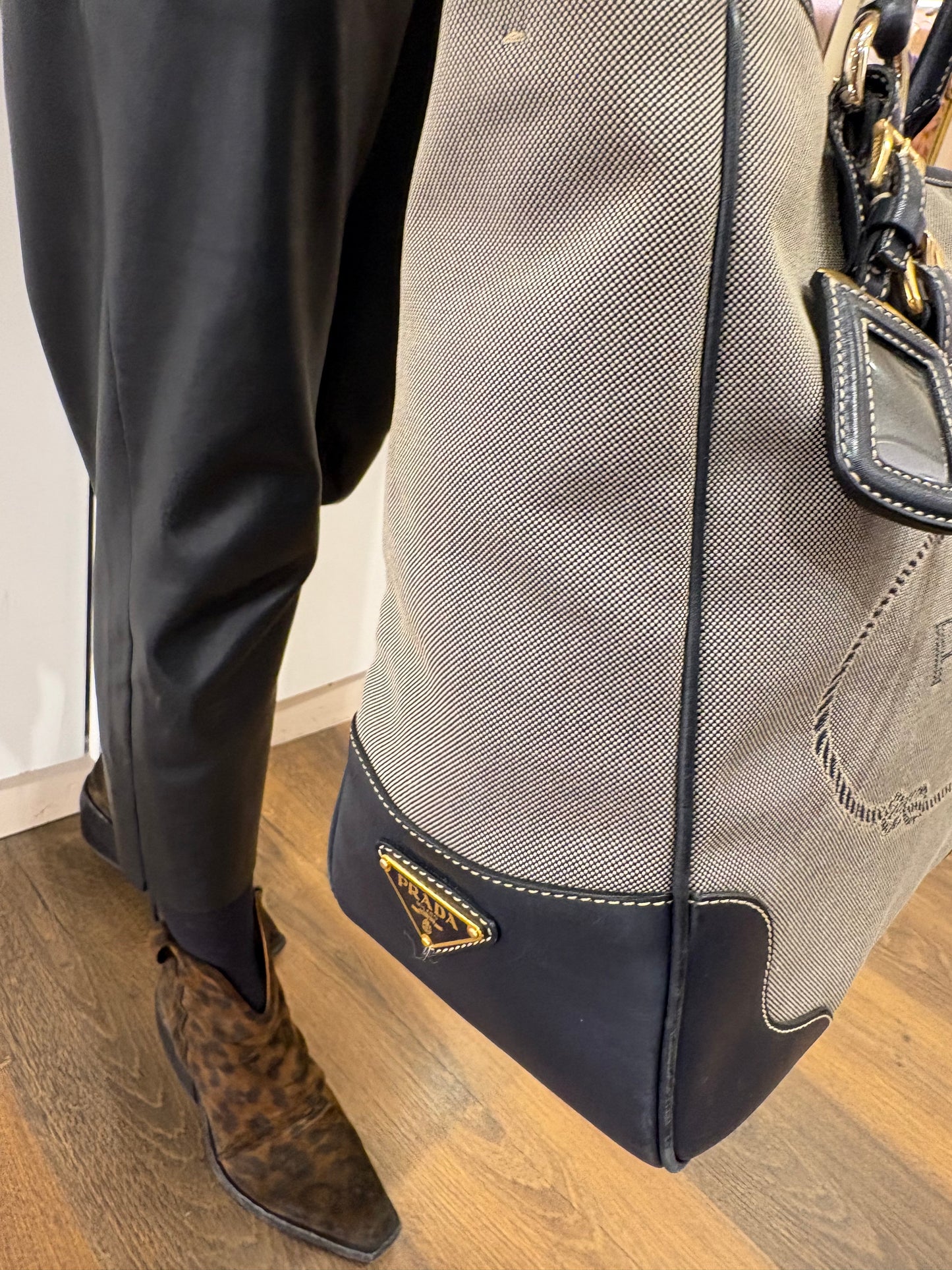 Prada borsa centenario in tela e pelle blu