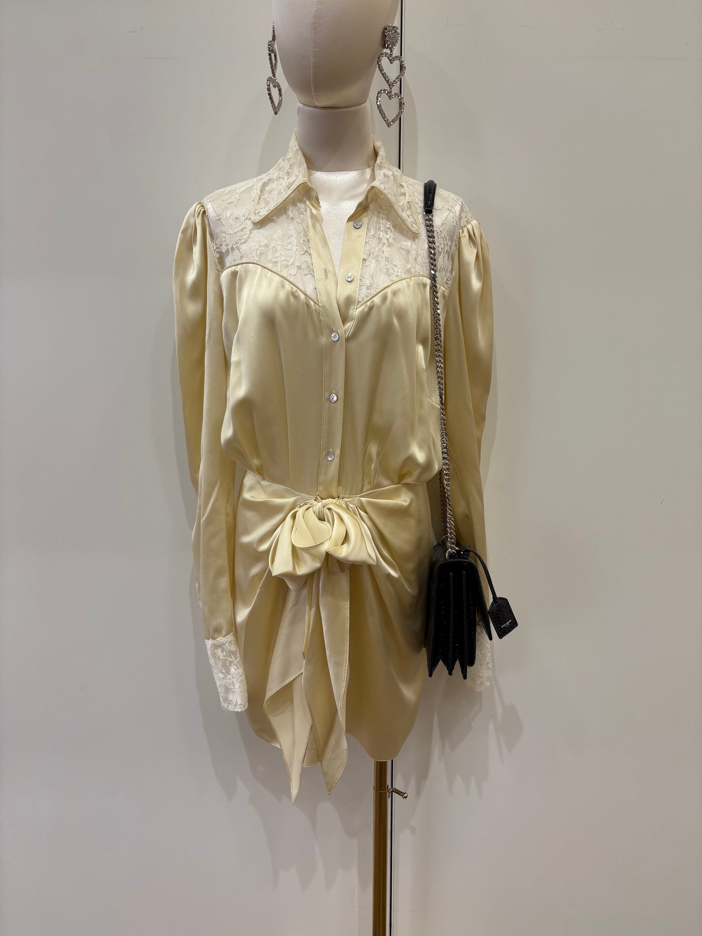 Magda Butrym abito seta champagne pizzo con fiocco