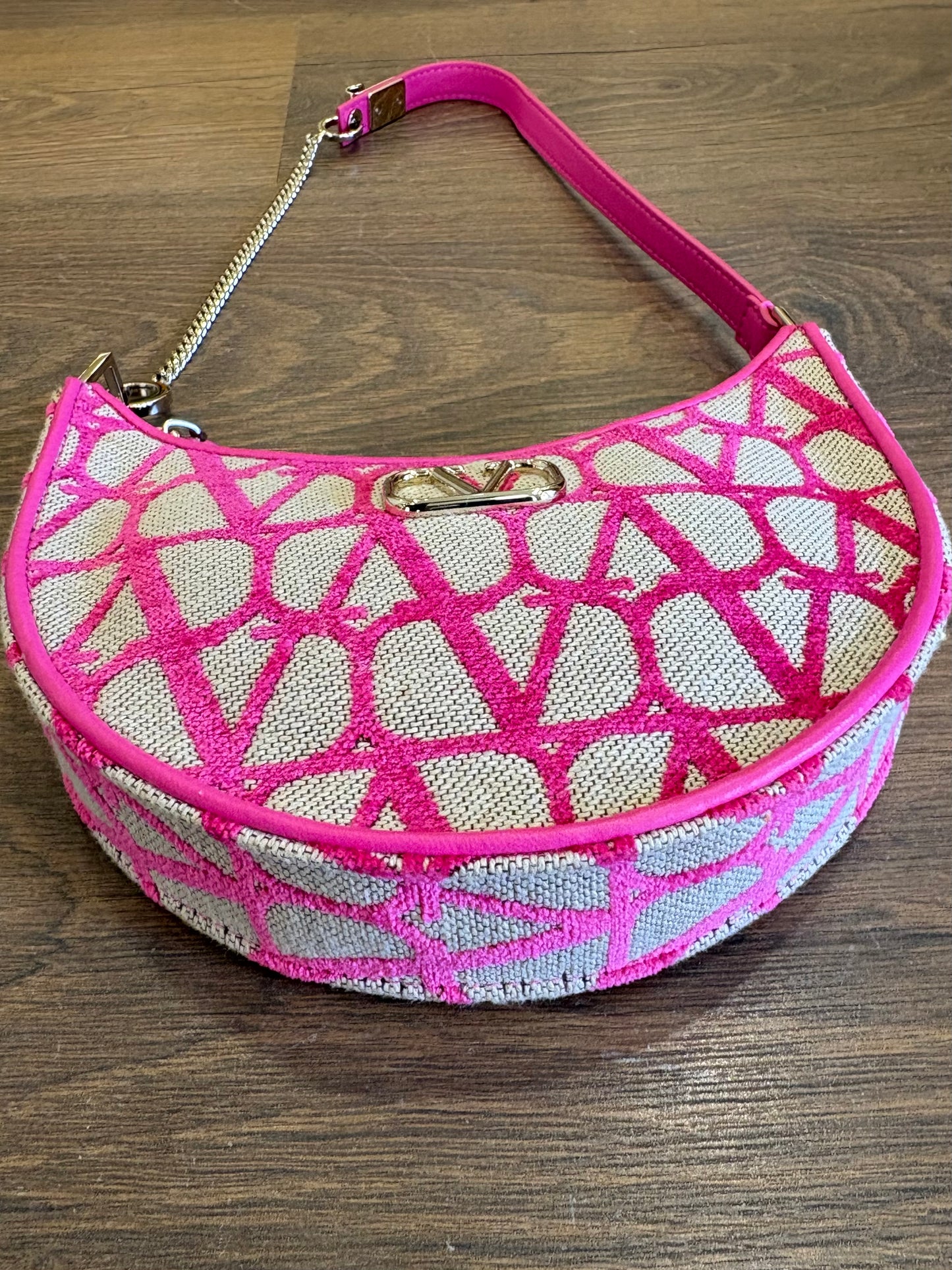 Borsa Mini Hobo Valentino Garavani VLogo Signature in Toile Iconographe Naturale e Rosa. Nuovo
