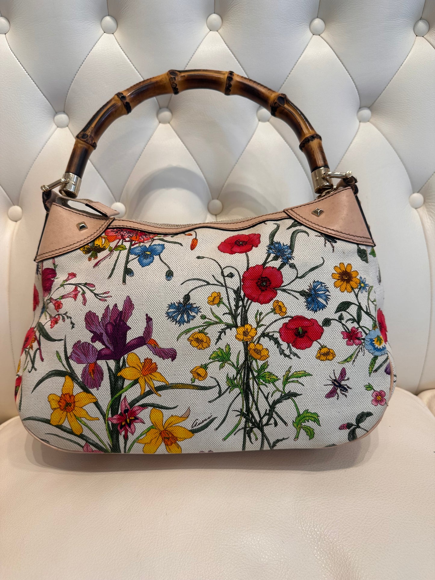 Gucci borsa in tela flora  manico bambù