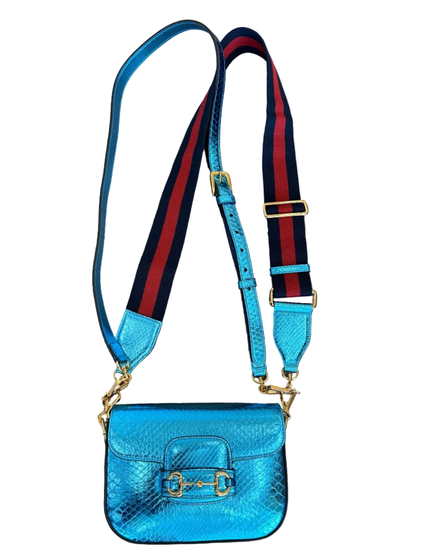 Borsa a Tracolla Gucci Horsebit 1955 Mini in Pitone Azzurro Metallizzato. Nuovo
