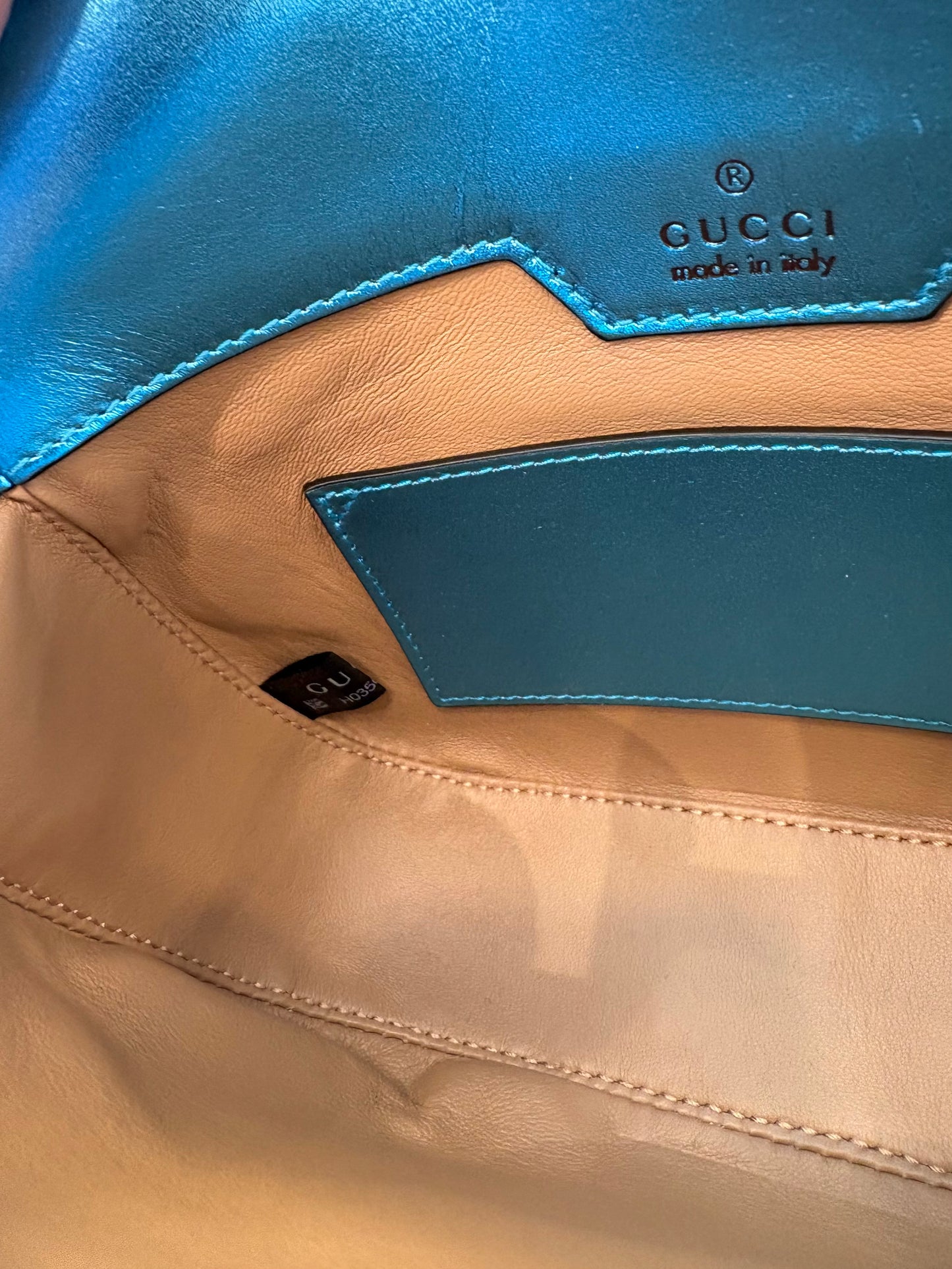 Borsa a Tracolla Gucci Horsebit 1955 Mini in Pitone Azzurro Metallizzato. Nuovo