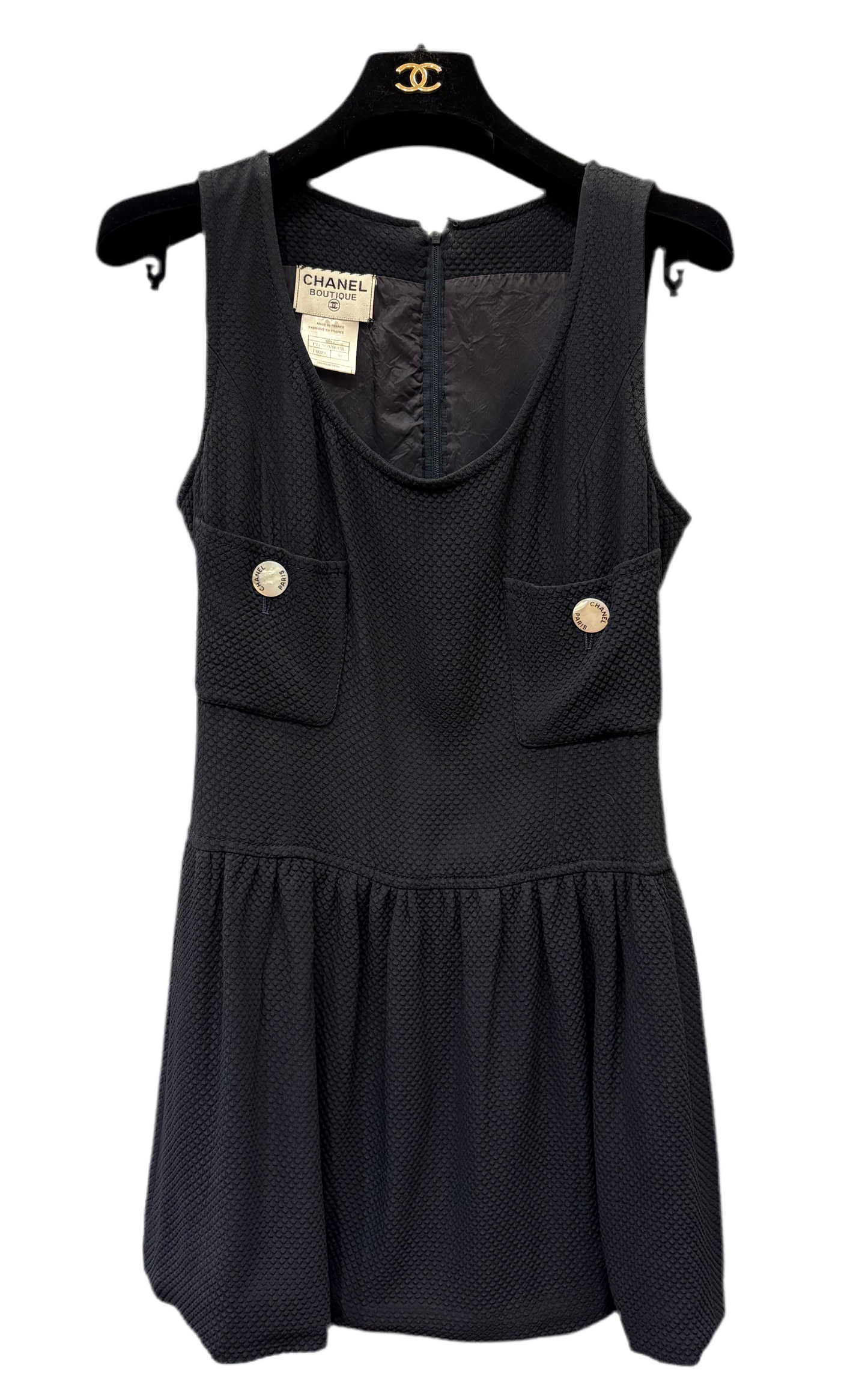 Chanel abito blu bottoni madreperla logo