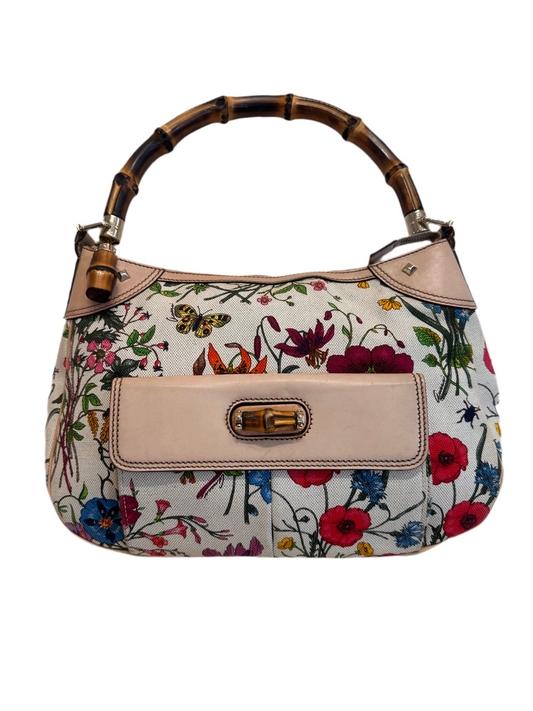 Gucci borsa in tela flora  manico bambù