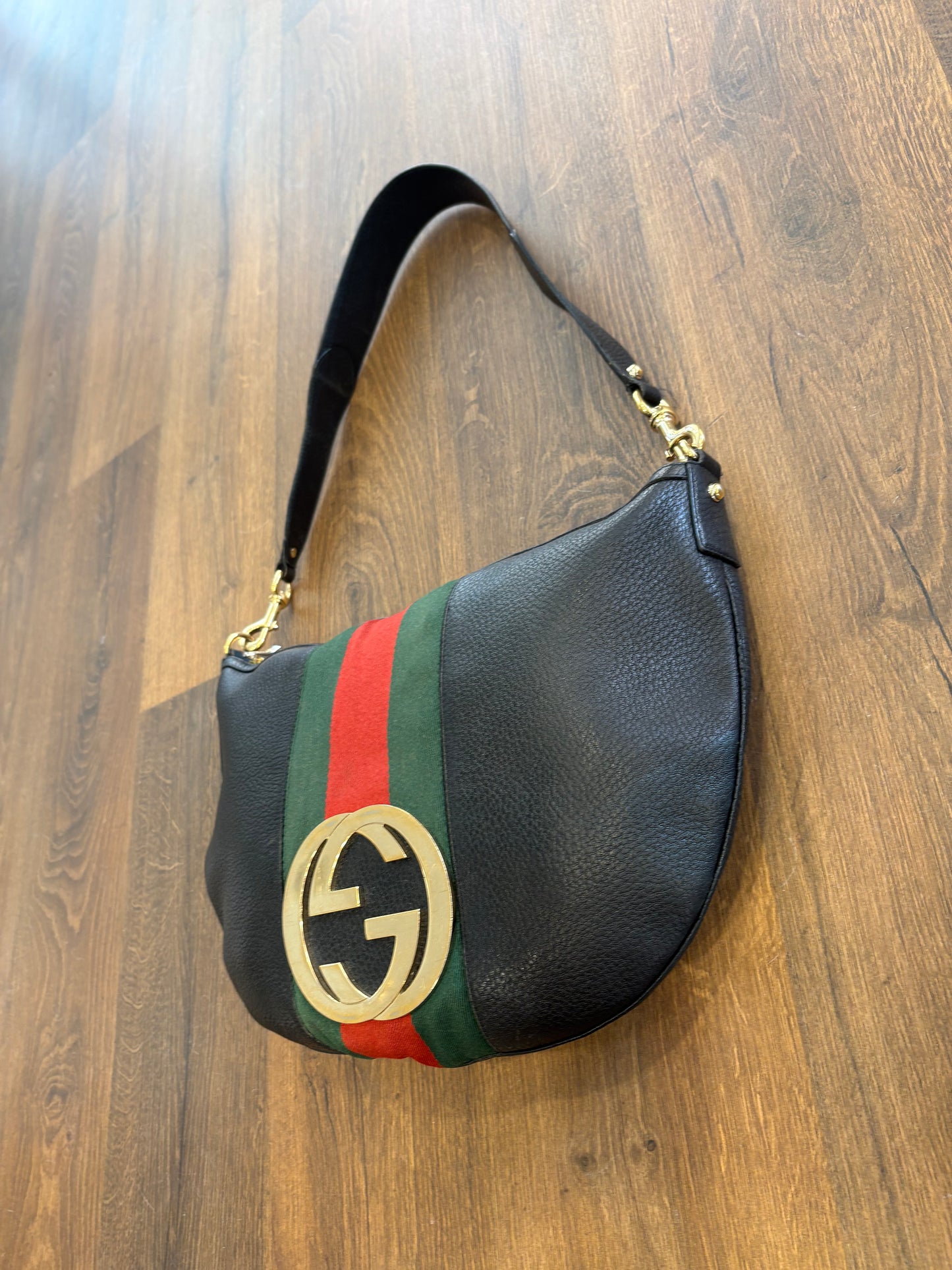 Gucci Borsa Hobo Gucci Vintage Blondie in Pelle Nera con Banda Web