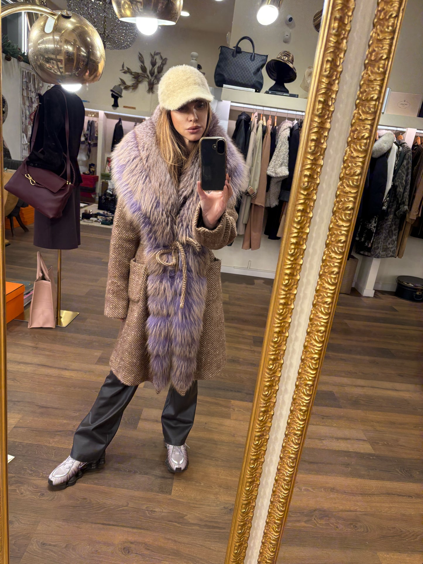 Ermanno Scervino cappotto spinato e volpe viola mélange