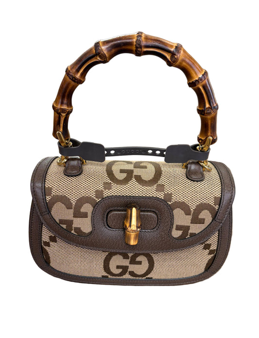 Gucci Borsa a mano Gucci Bamboo 1947 mini in tela Jumbo GG e pelle marrone. Nuovo