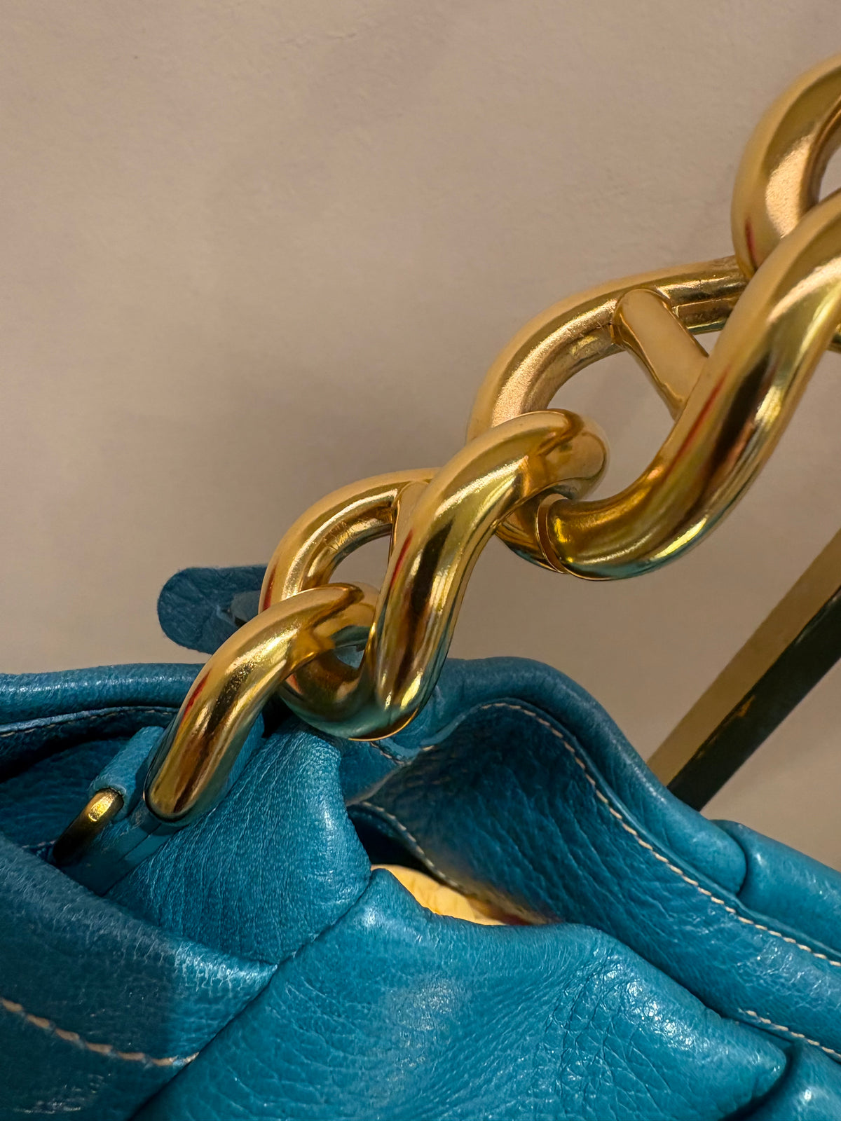 Borsa a spalla Prada Vintage Cervo Pleatsin pelle arricciata Turchese