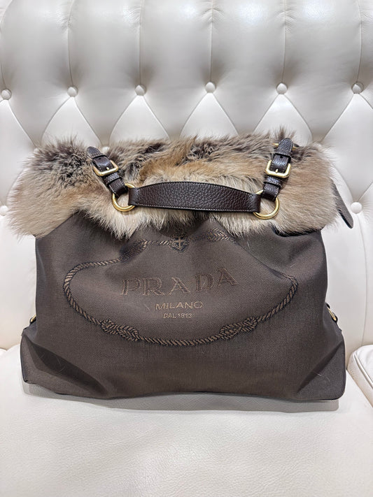 Prada borsa shopping in tela e volpe