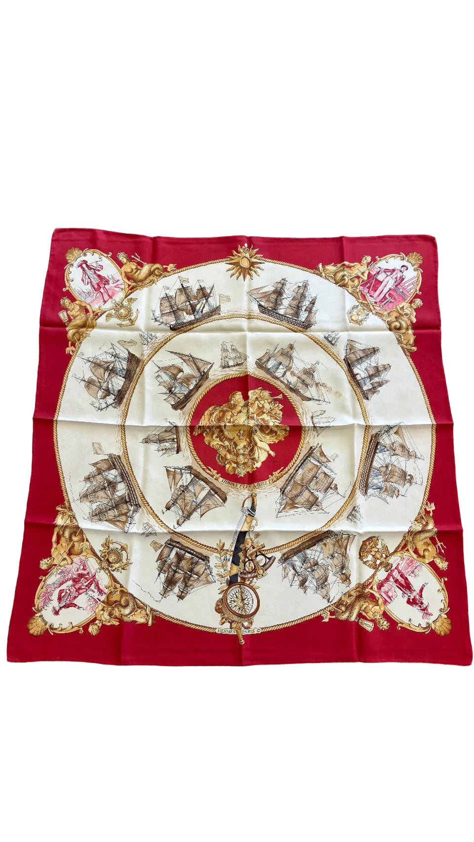 Foulard Hermès Carré 90 "Silhouettes Navales" in Seta Rosso Fuoco