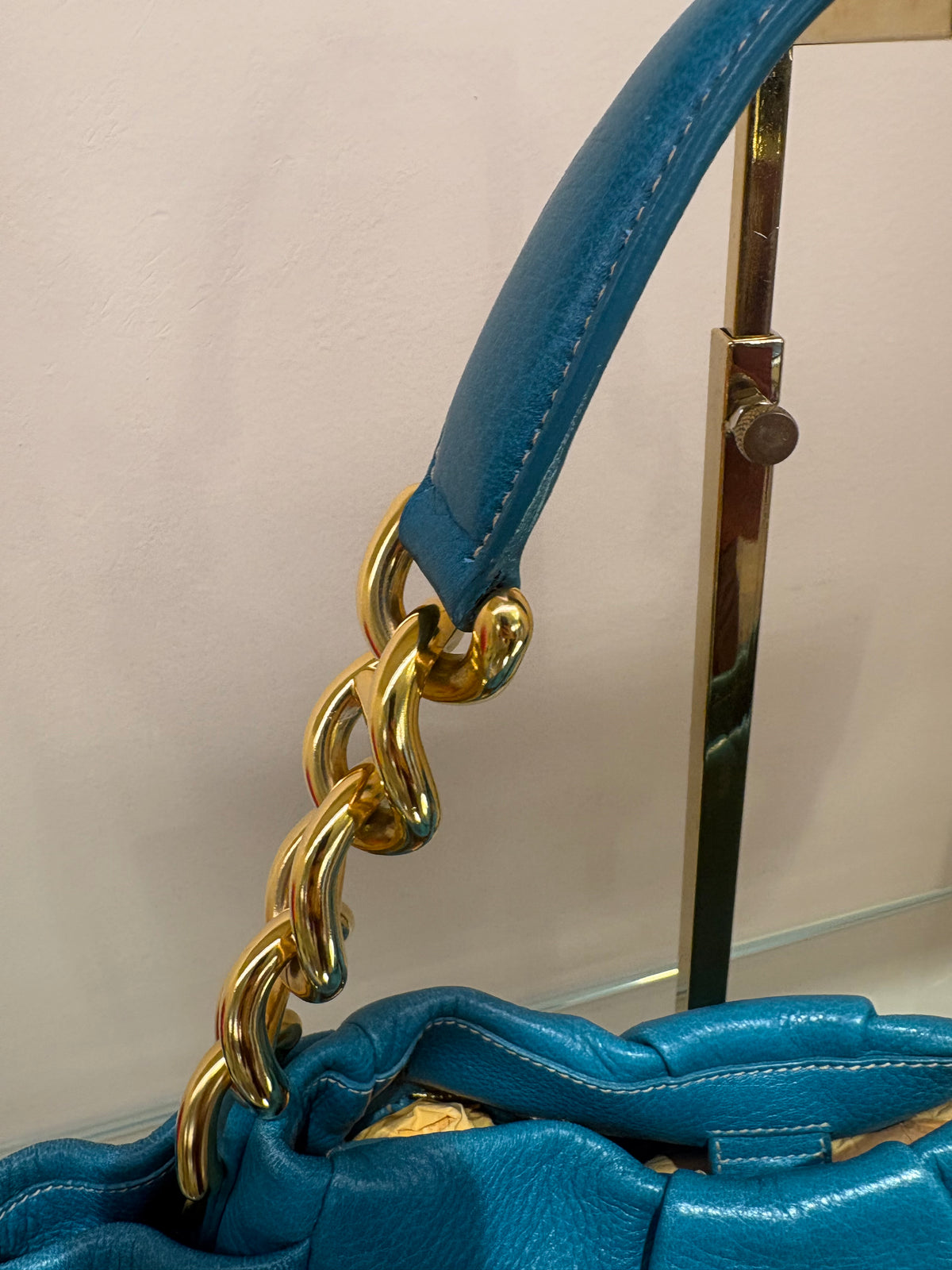 Borsa a spalla Prada Vintage Cervo Pleatsin pelle arricciata Turchese