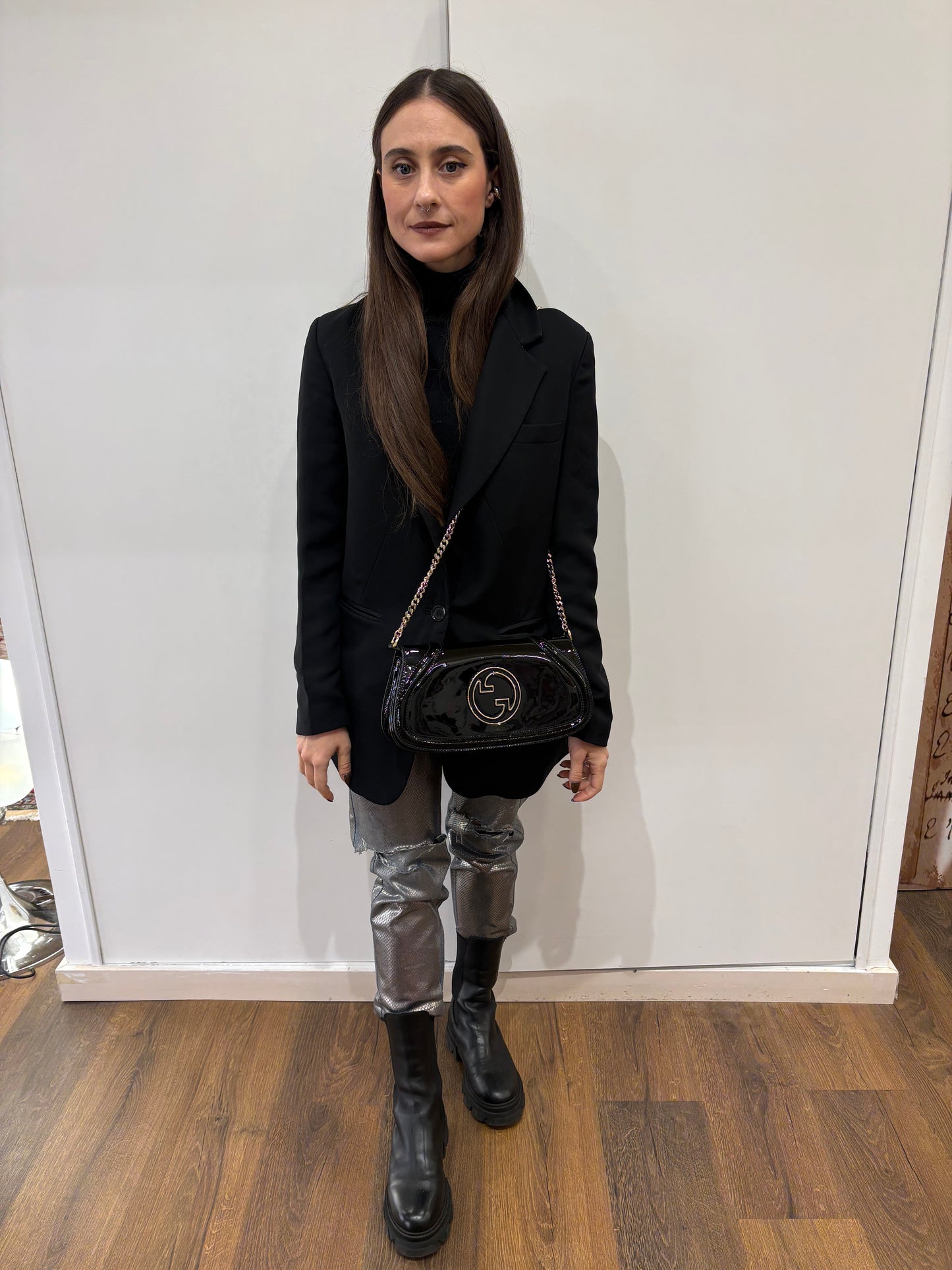 Gucci Blondie borsa in pelle verniciata nera nuova