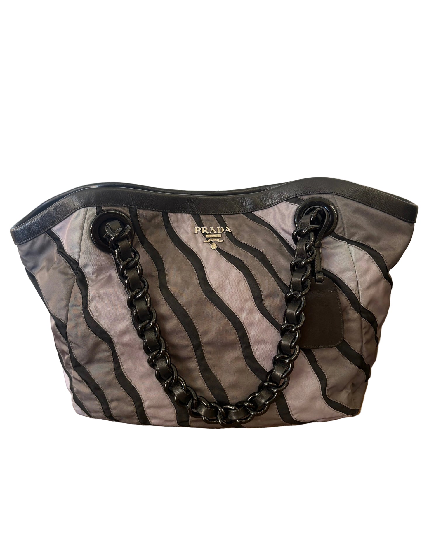 Borsa Tote Vintage Prada Waves in Nylon Tessuto e Pelle Nappa con Manici a Catena
