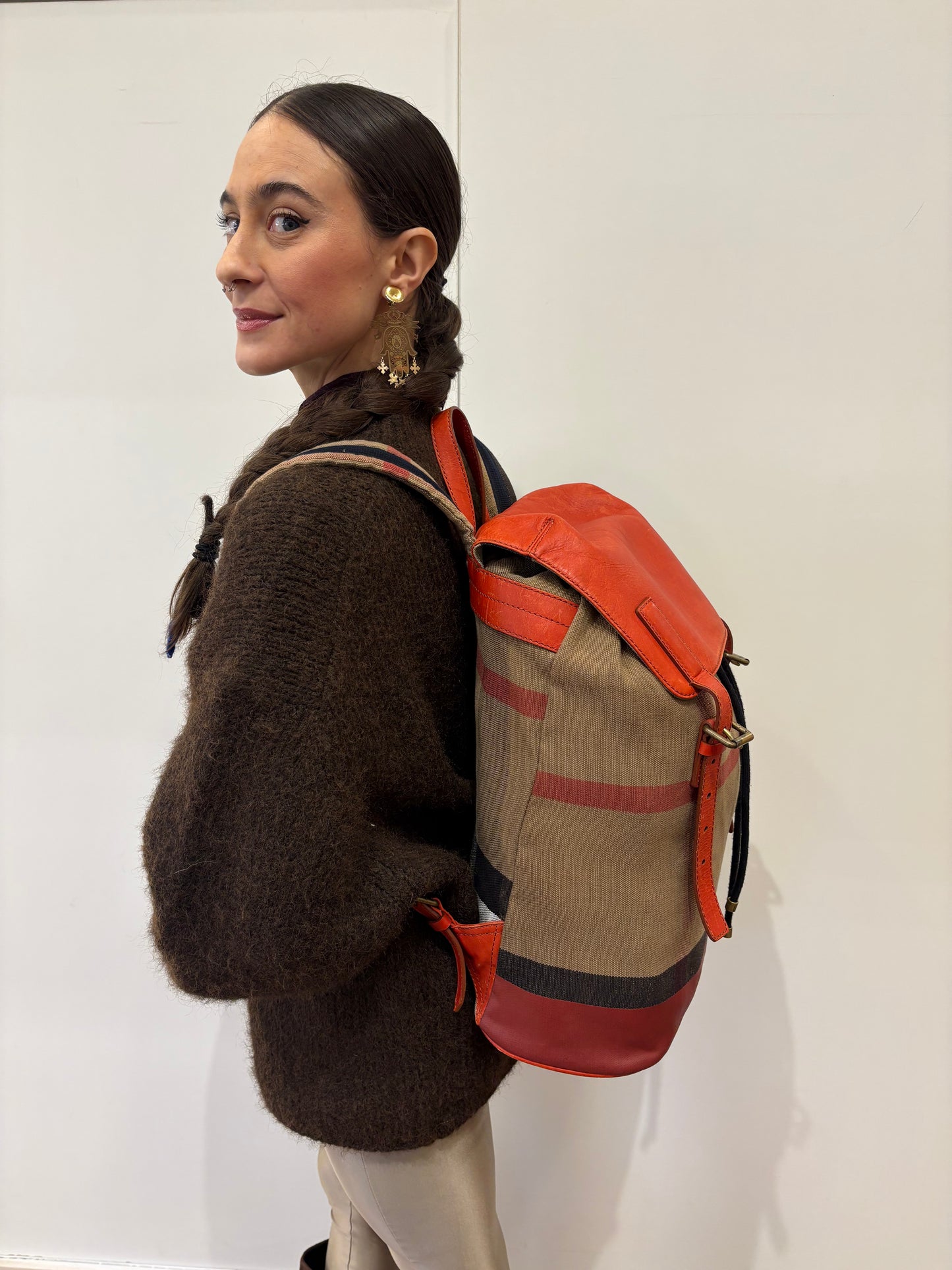 Burberry zaino tela check e pelle rossa