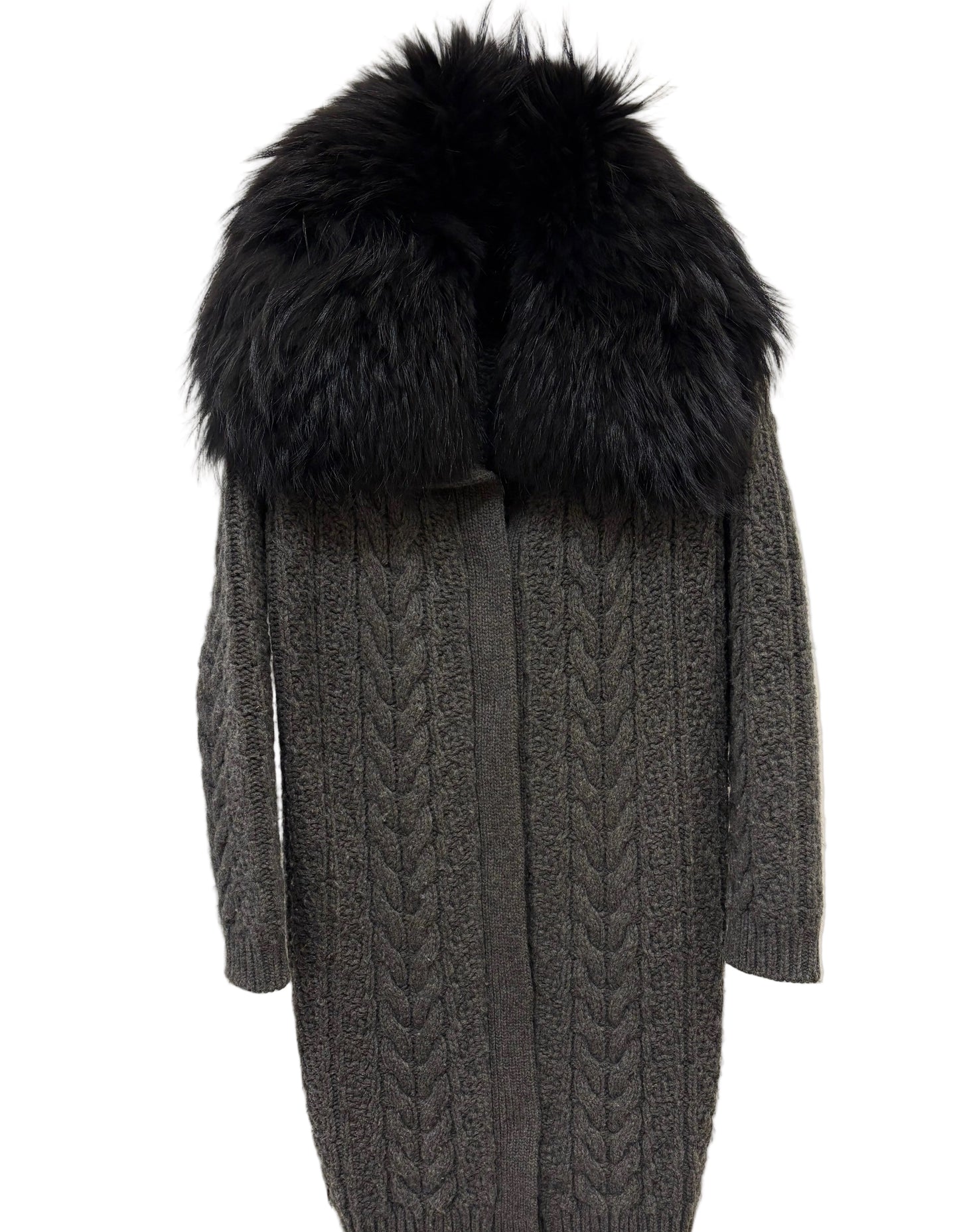 Prada cappottino trecce in lana e collo volpe nero