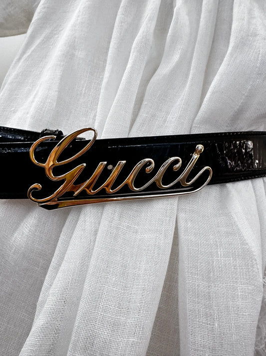 Cintura Gucci in pelle lucida , logo silver