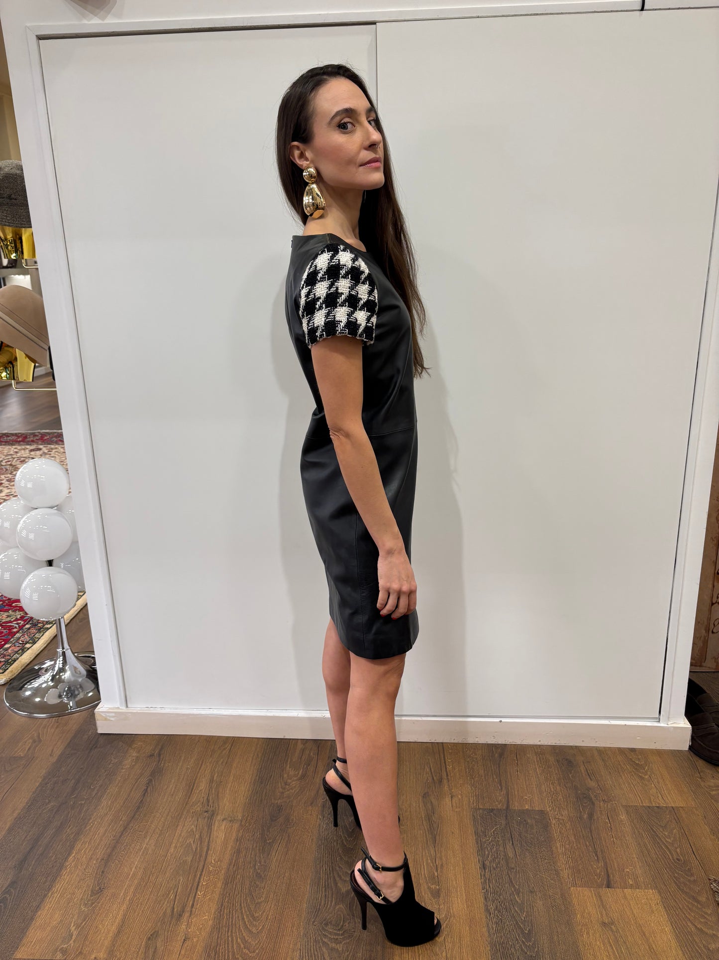 Moschino Boutique abito in pelle maniche  lana pied de poule . Nuovo