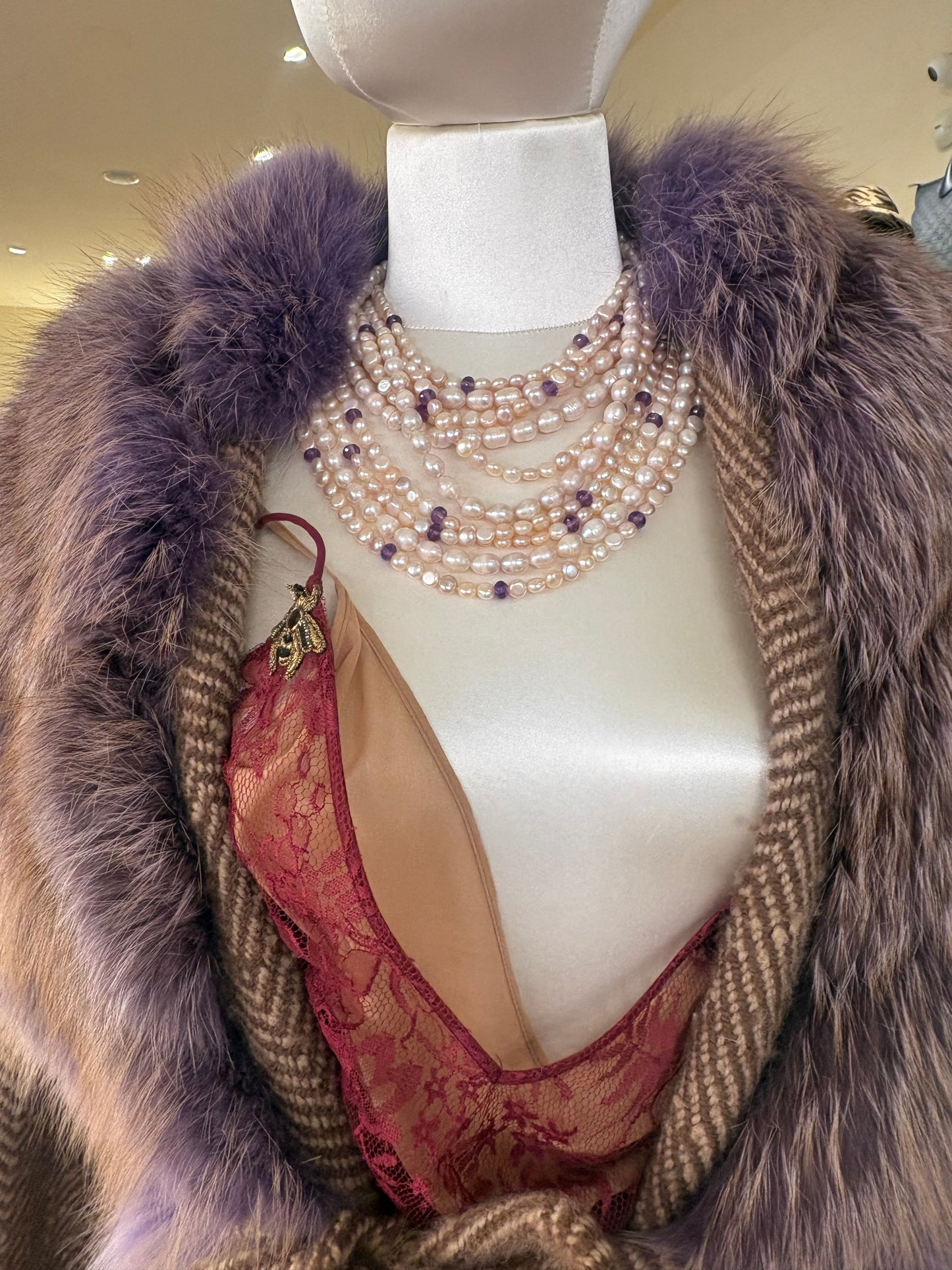 Ermanno Scervino cappotto spinato e volpe viola mélange