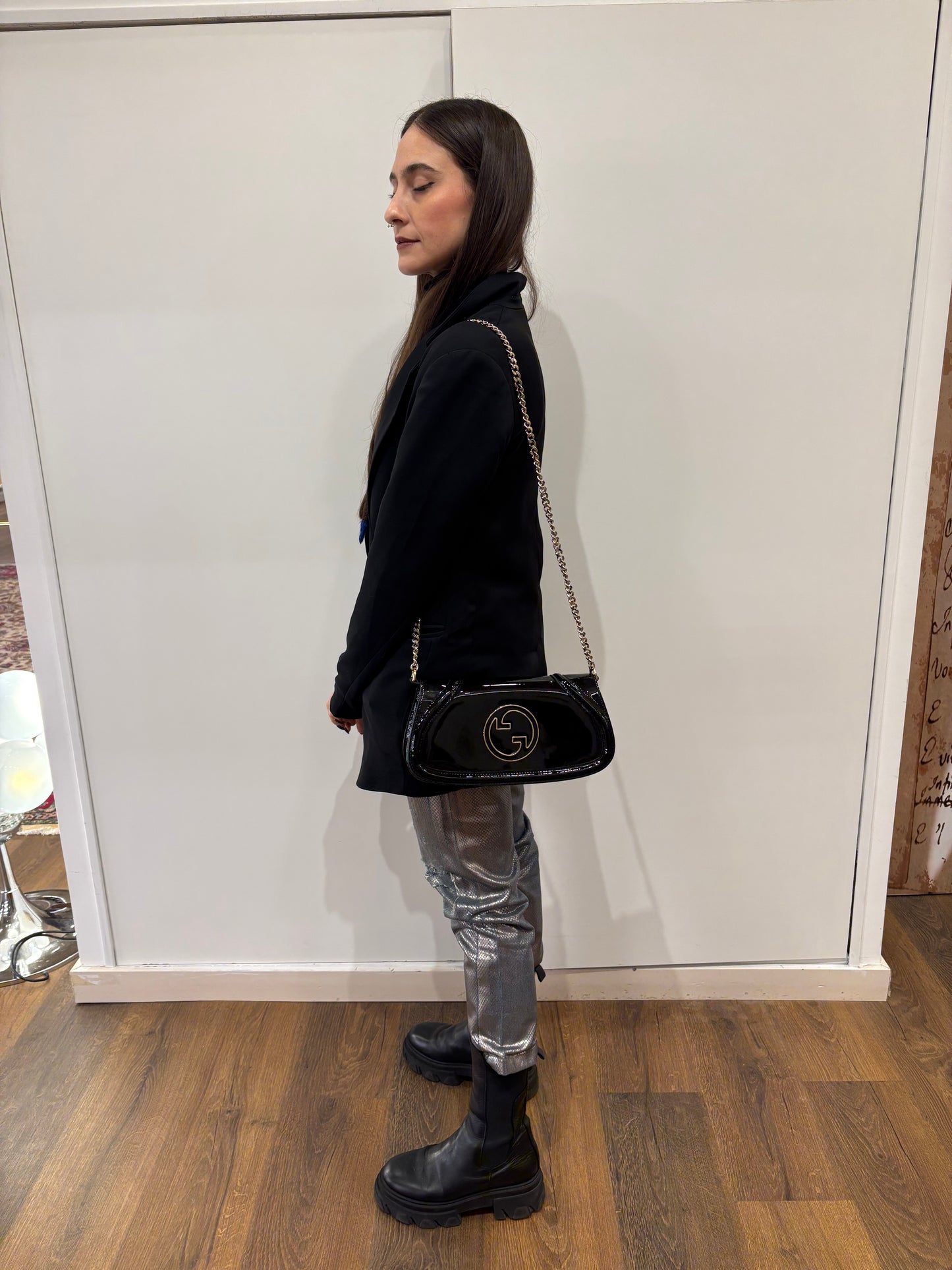 Gucci Blondie borsa in pelle verniciata nera nuova