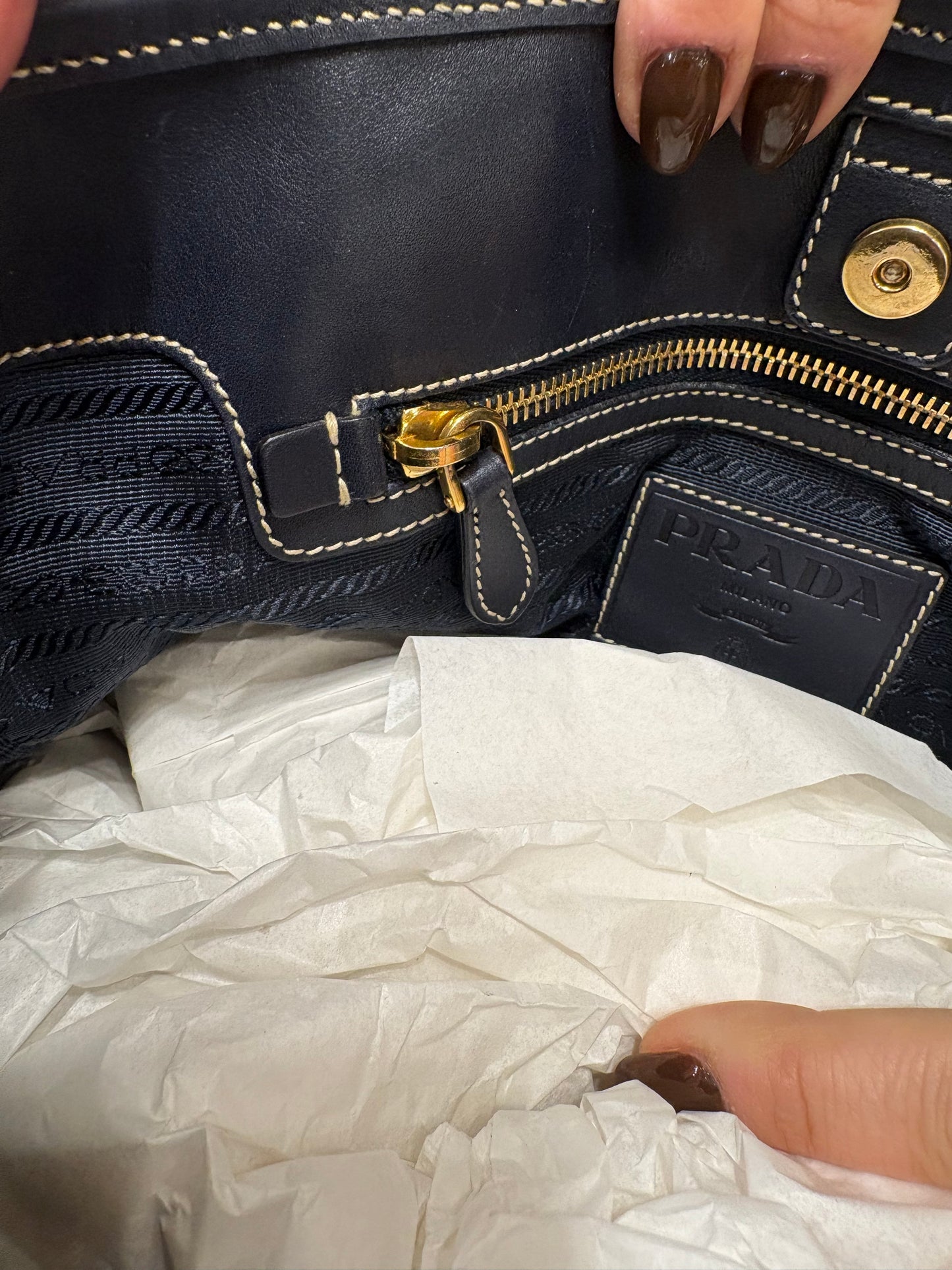 Prada borsa centenario in tela e pelle blu