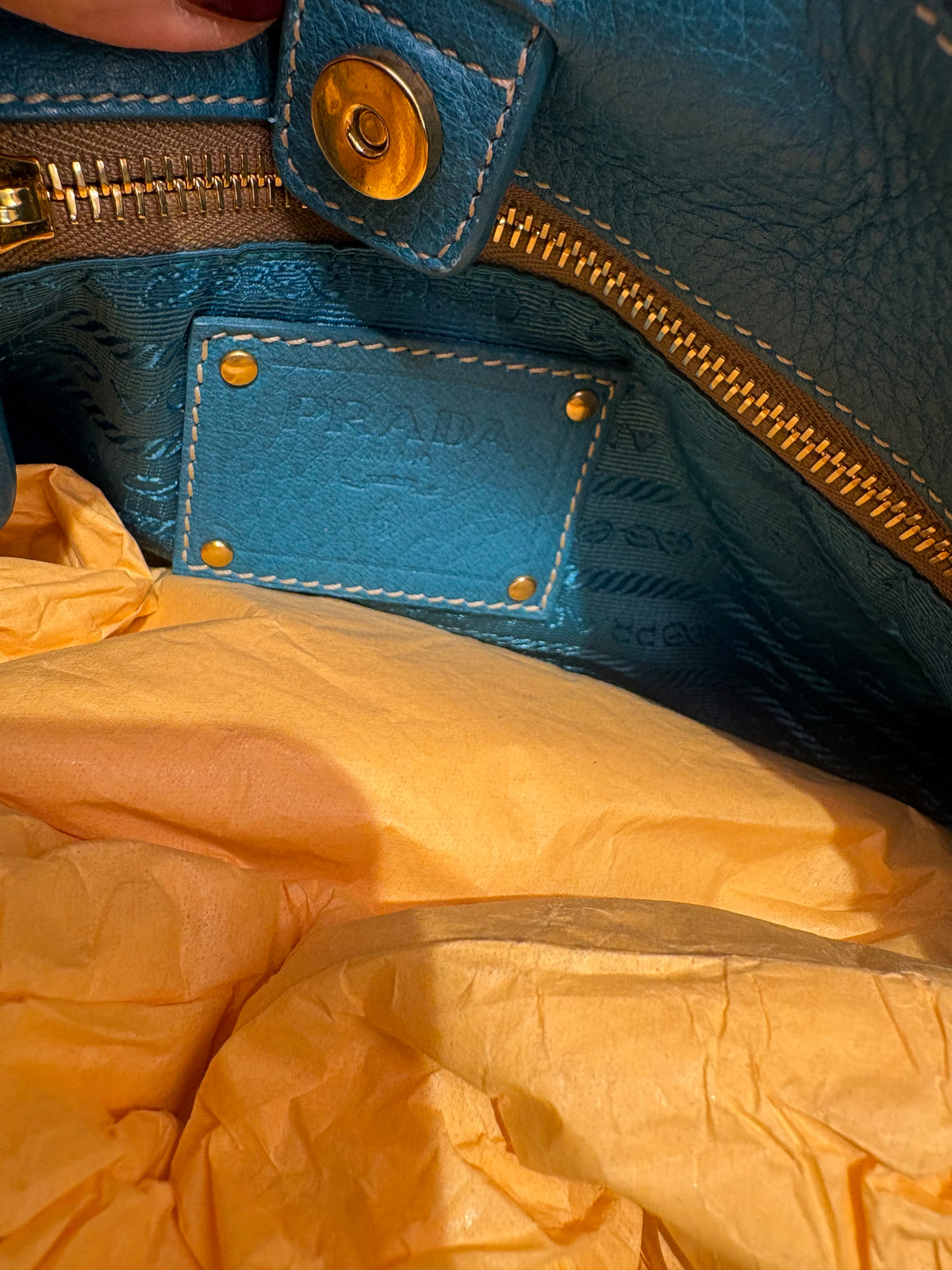 Borsa a spalla Prada Vintage Cervo Pleatsin pelle arricciata Turchese