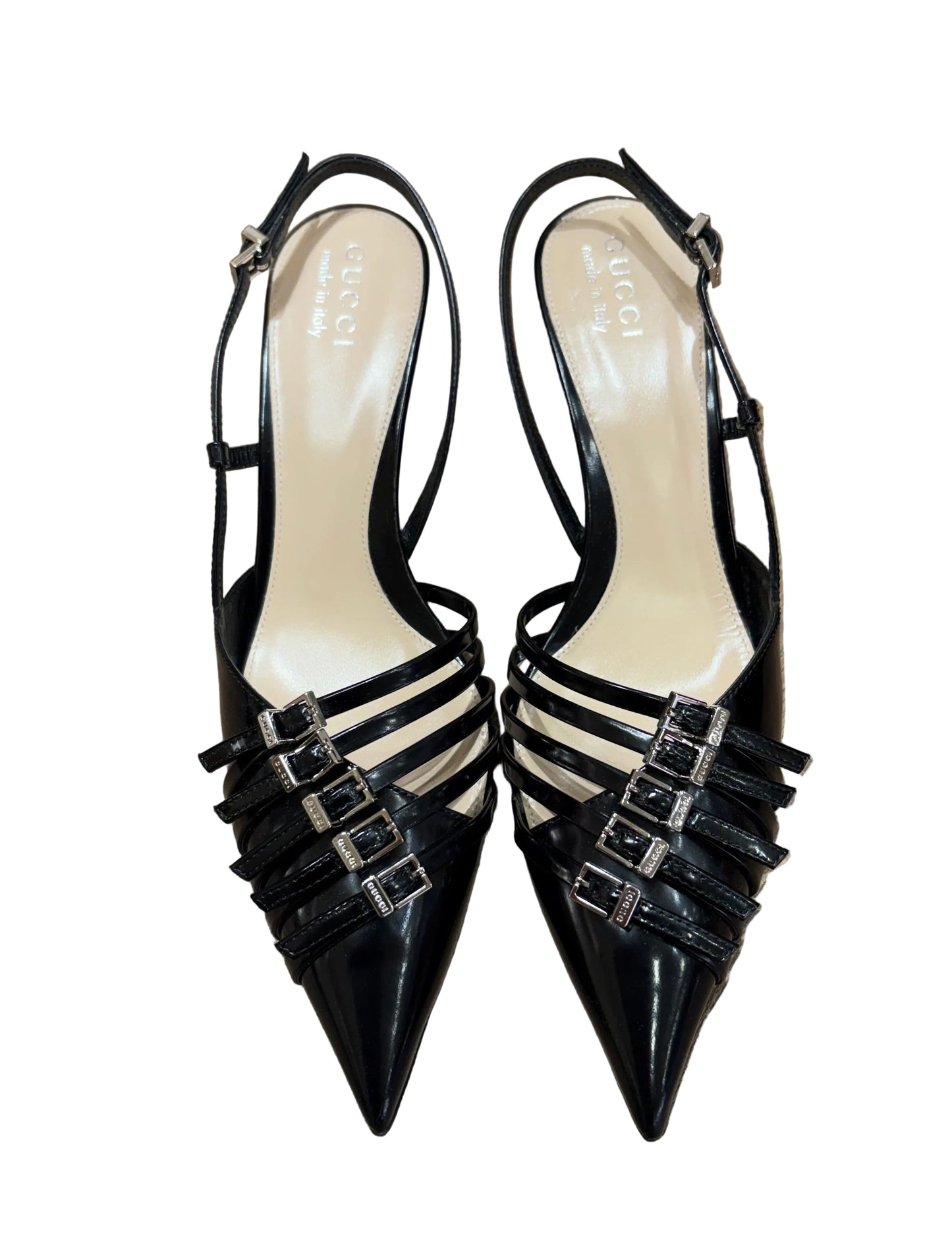 Gucci Décolleté Slingback Gucci Seraphine in Vernice con Fibbie. Nuovo