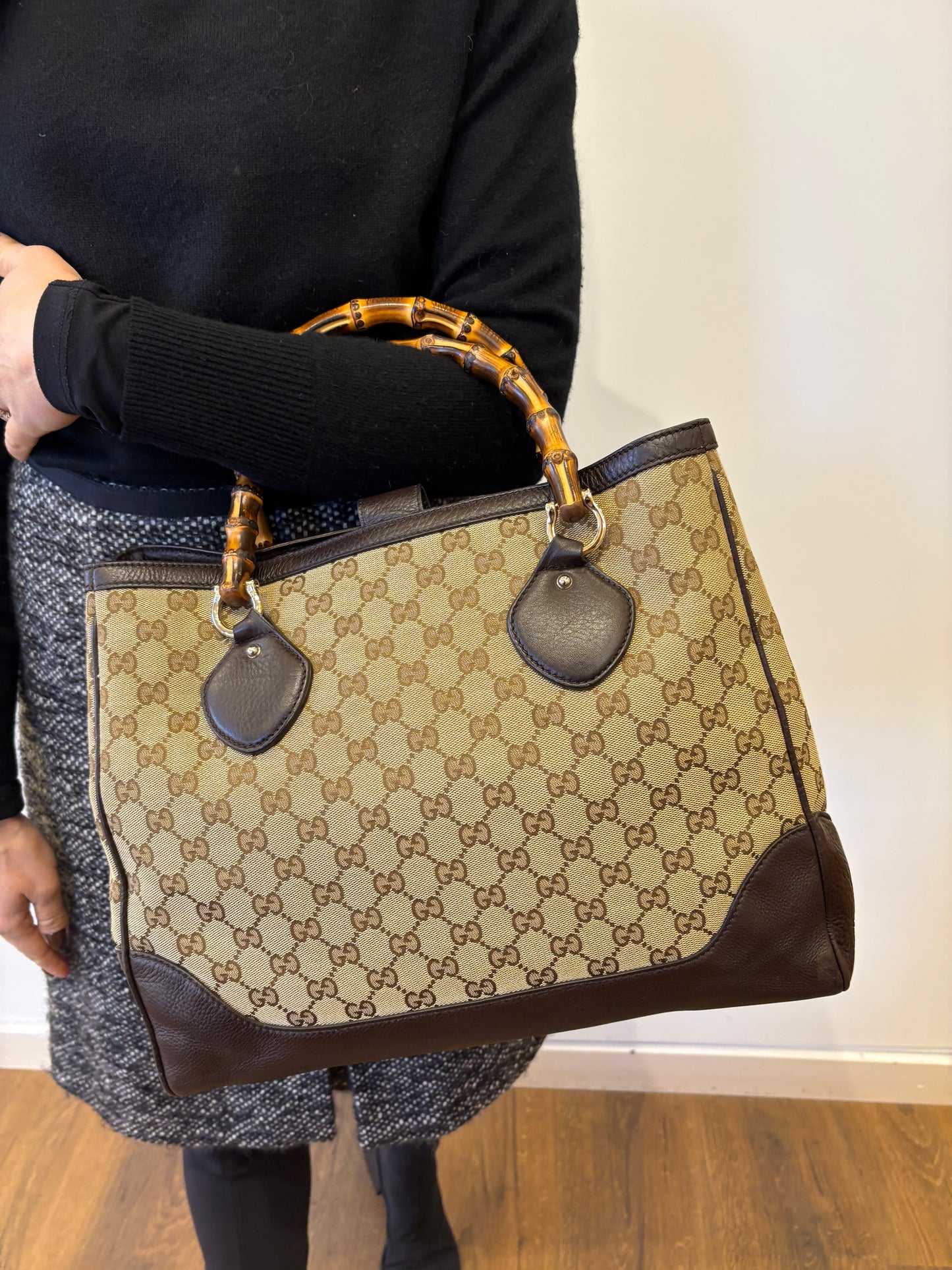 Gucci Diana  Tote Bag in tela GG e pelle  manici bamboo