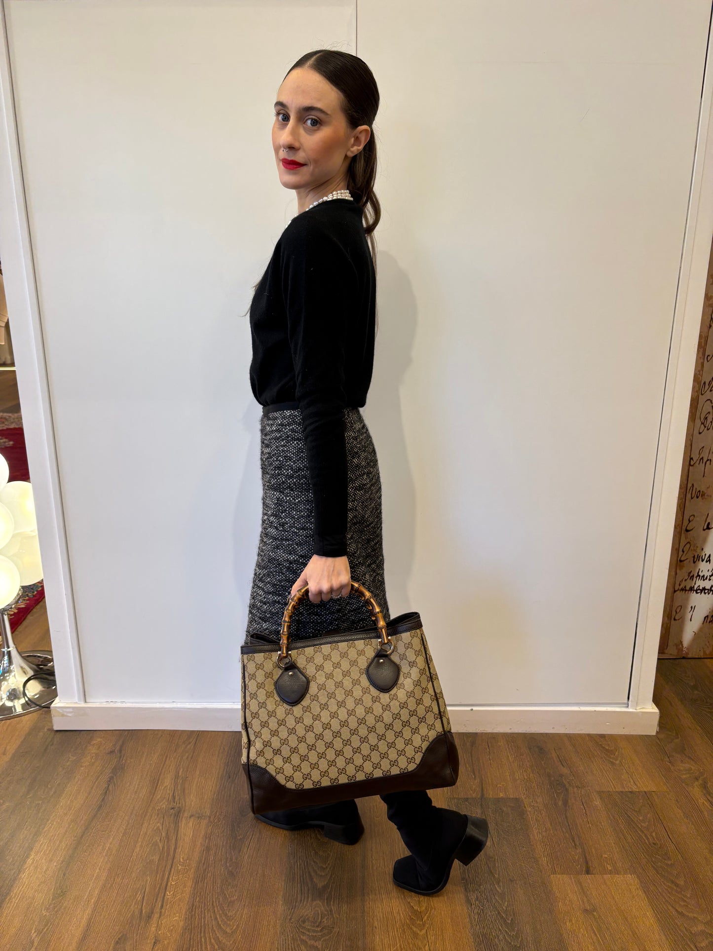 Gucci Diana  Tote Bag in tela GG e pelle  manici bamboo