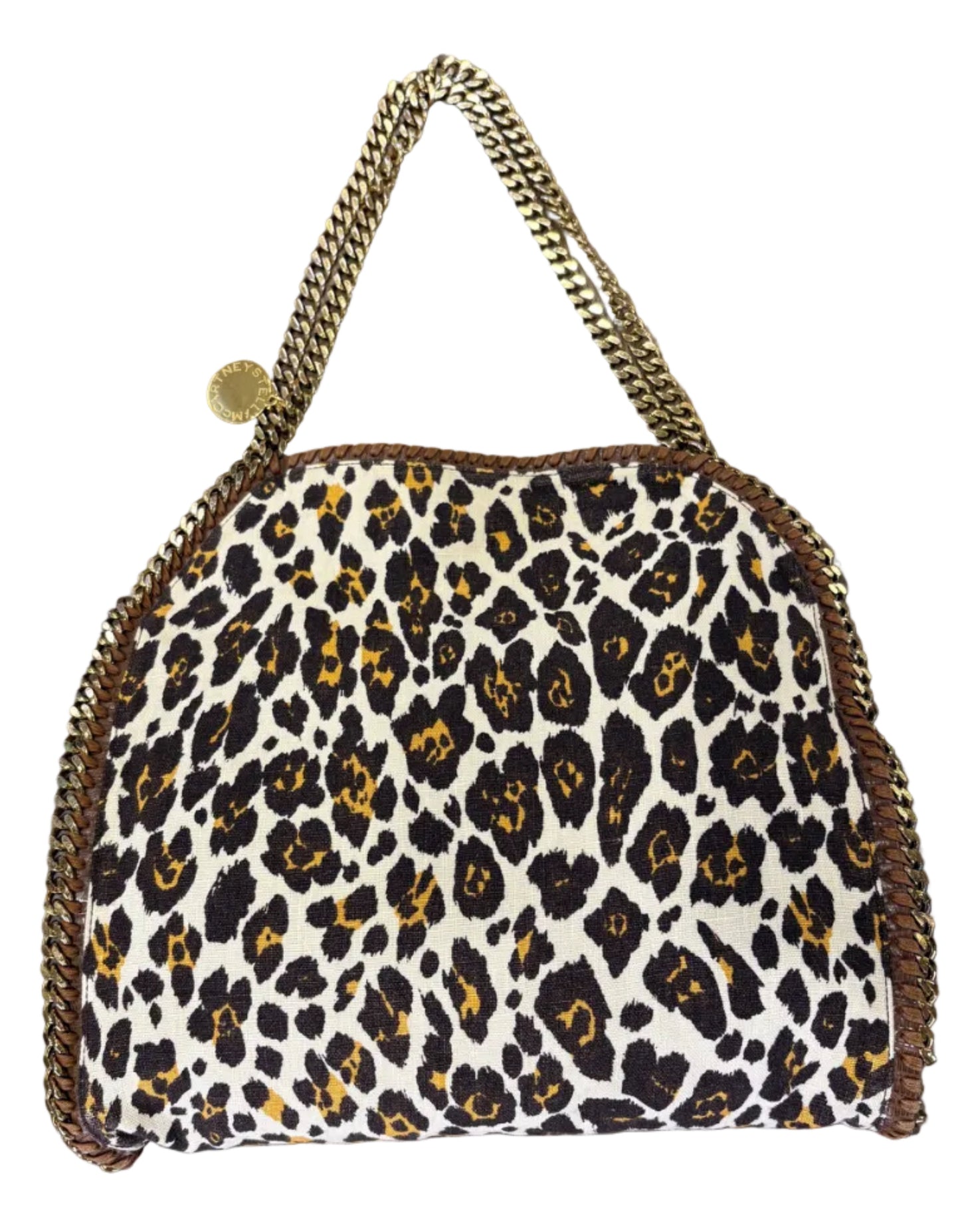 Borsa Stella McCartney Falabella Fold-Over Tote in Tela Canvas Leopardata con Catena Dorata