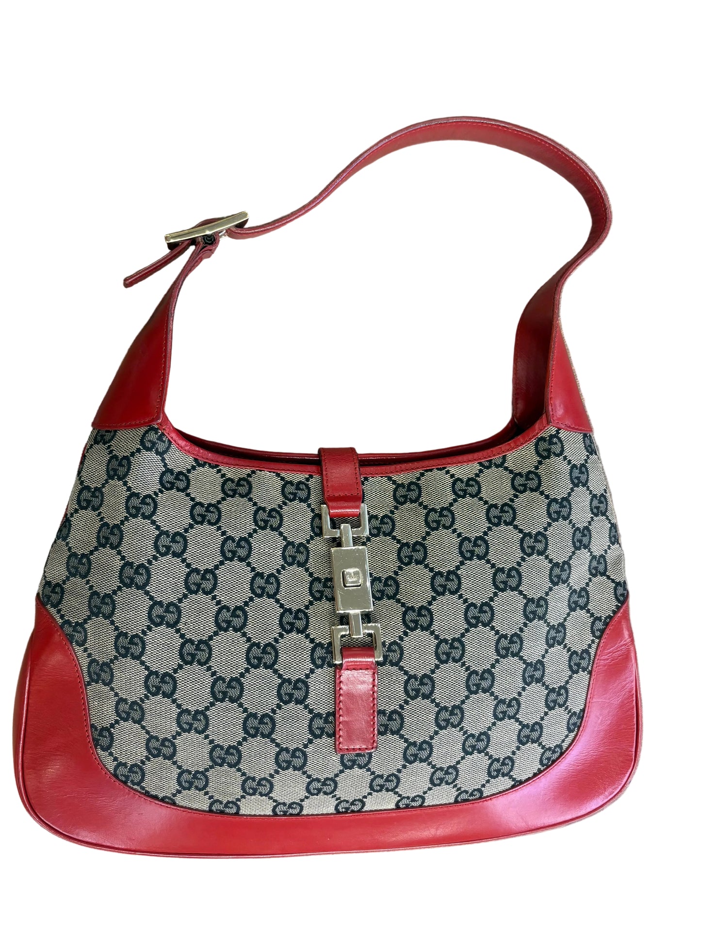 Borsa a Spalla Gucci Vintage Jackie Media in Tela Monogram GG e Pelle Rossa