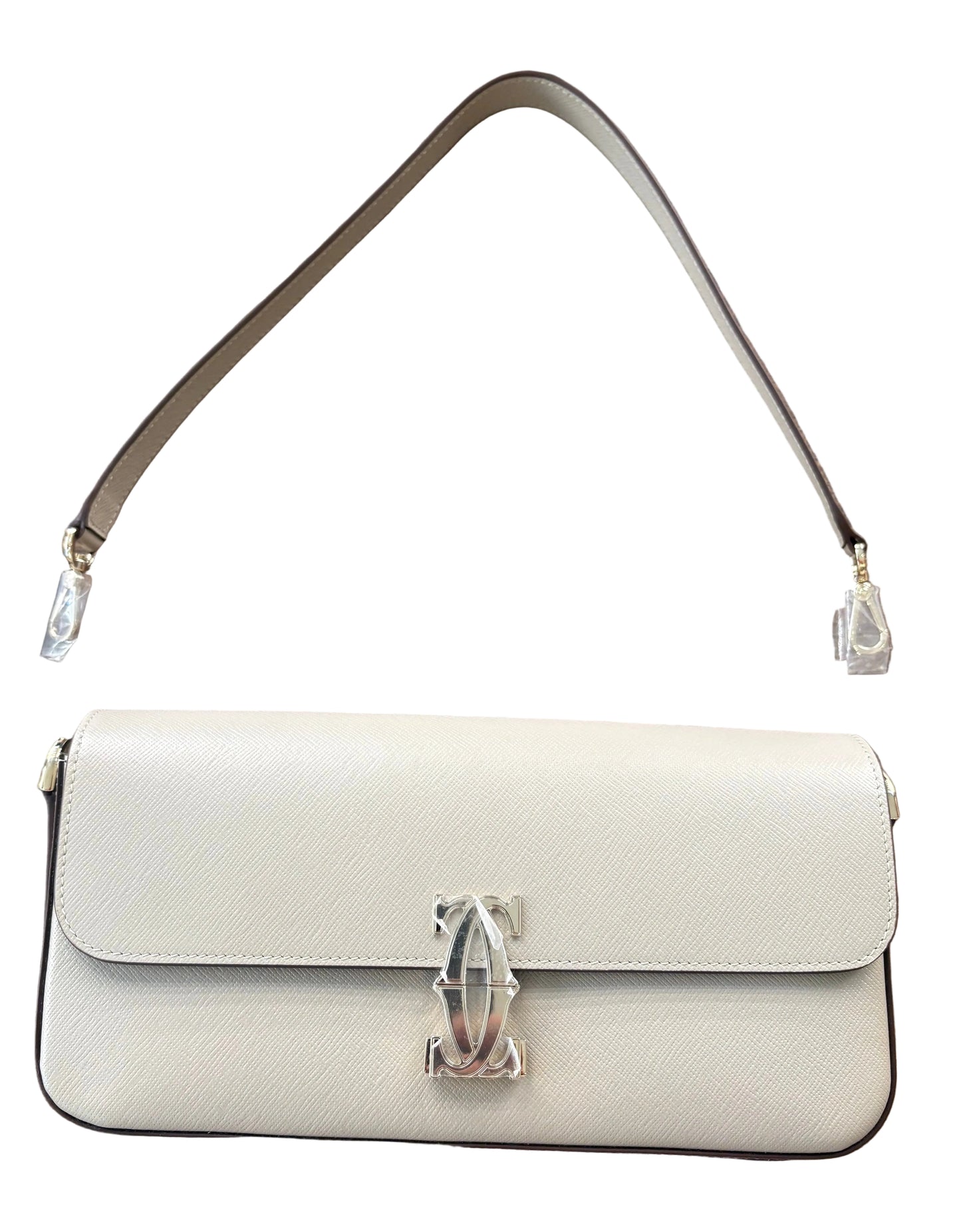 Borsa C de Cartier East-West in Pelle Beige con Doppia Tracolla. Nuovo