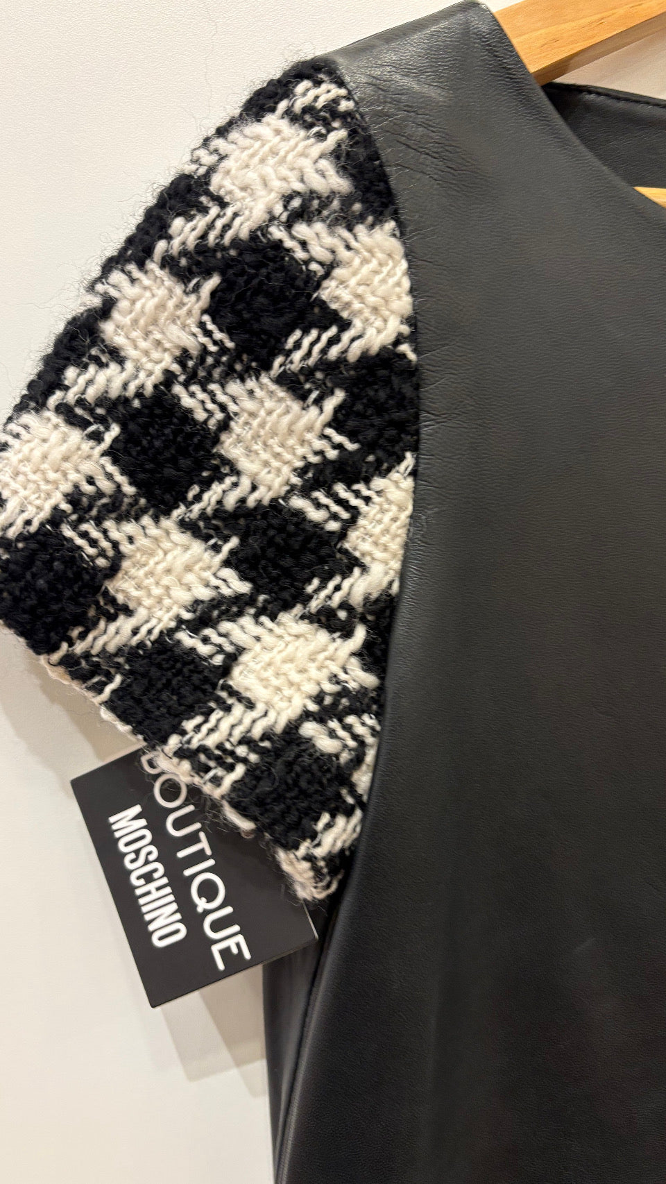 Moschino Boutique abito in pelle maniche  lana pied de poule . Nuovo