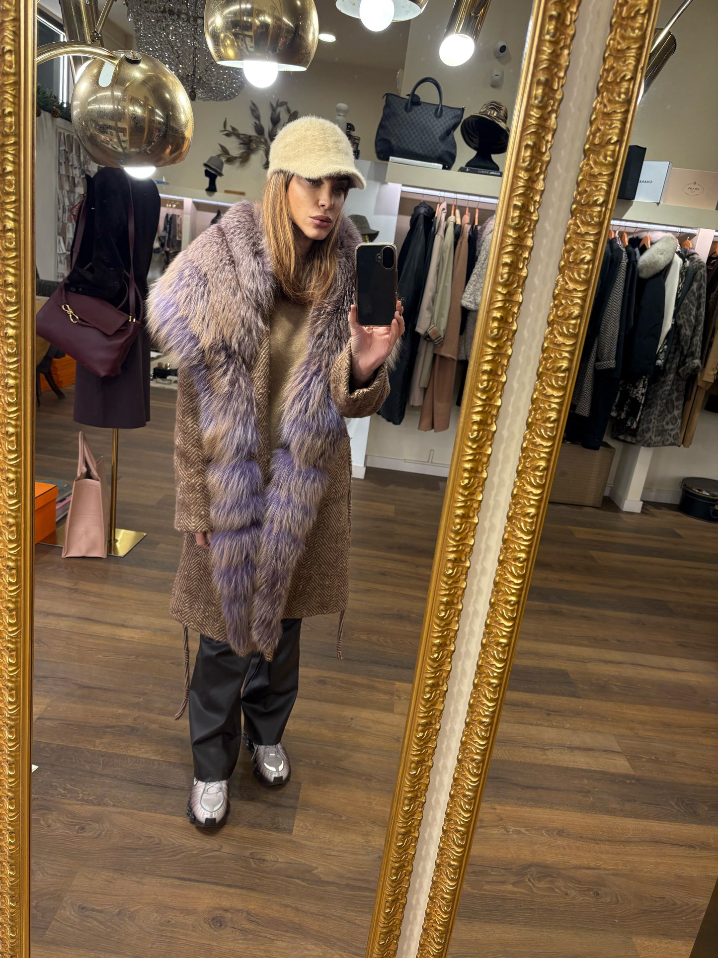 Ermanno Scervino cappotto spinato e volpe viola mélange