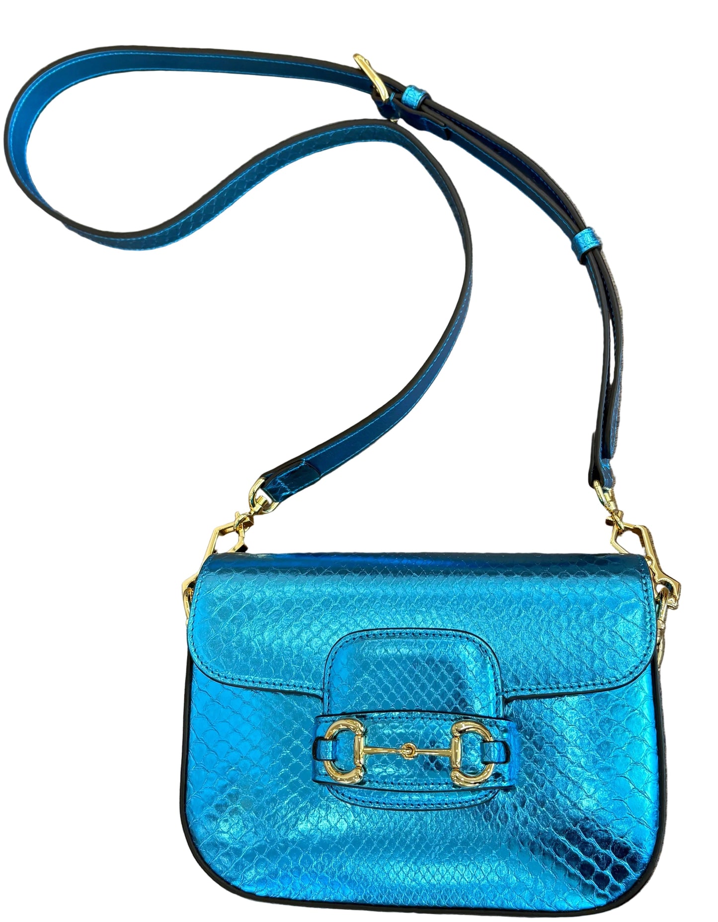 Borsa a Tracolla Gucci Horsebit 1955 Mini in Pitone Azzurro Metallizzato. Nuovo