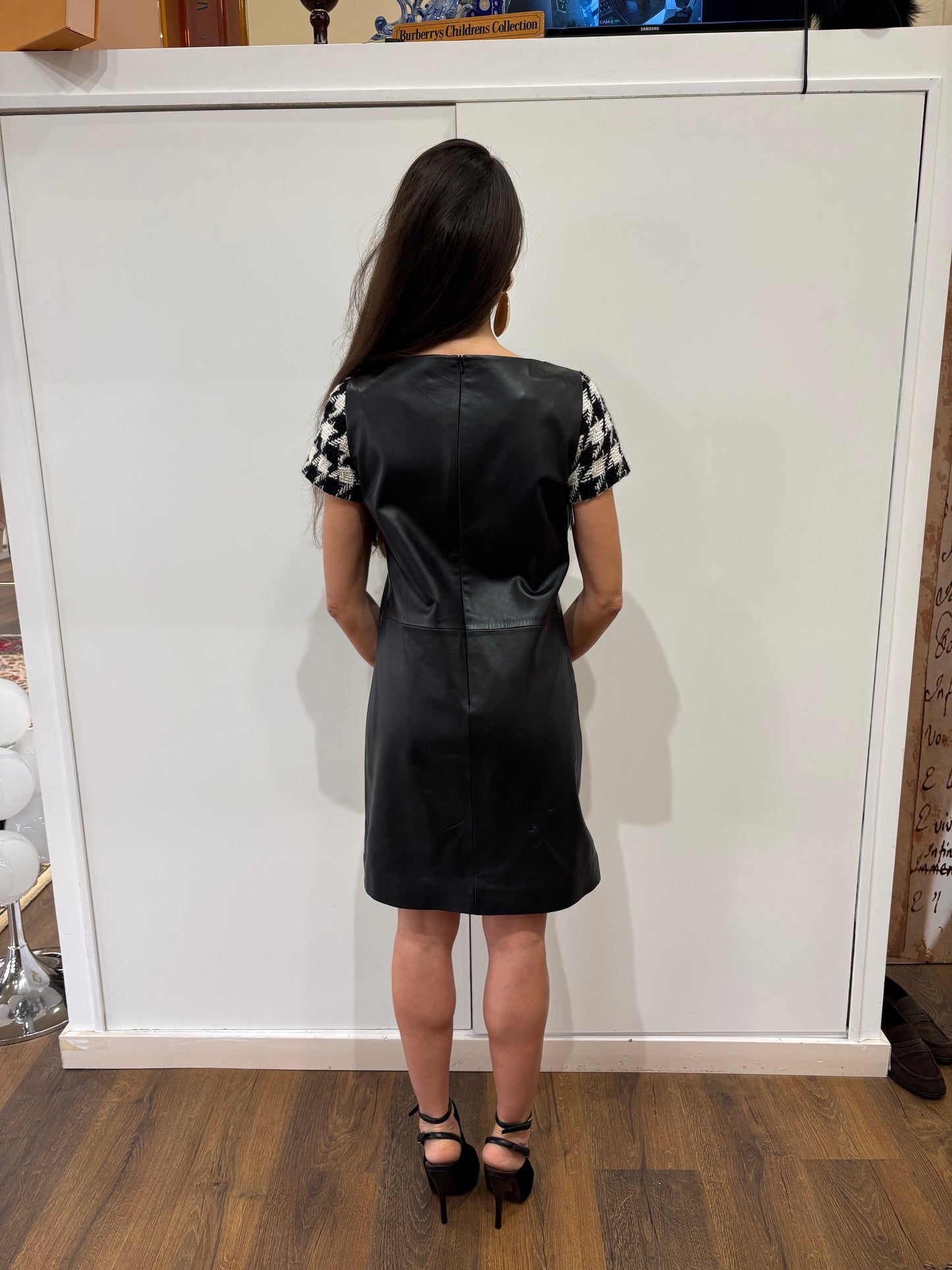 Moschino Boutique abito in pelle maniche  lana pied de poule . Nuovo