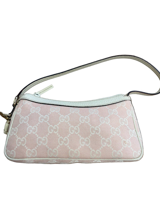 Gucci Mini Borsa a Spalla Boat Pochette Vintage in Tela GG Canvas Rosa e Pelle Bianca