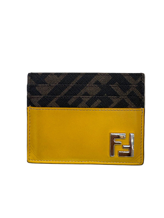 Fendi Portacarte FF Squared in Pelle e Tessuto Jacquard – Giallo Mimosa e Tabacco