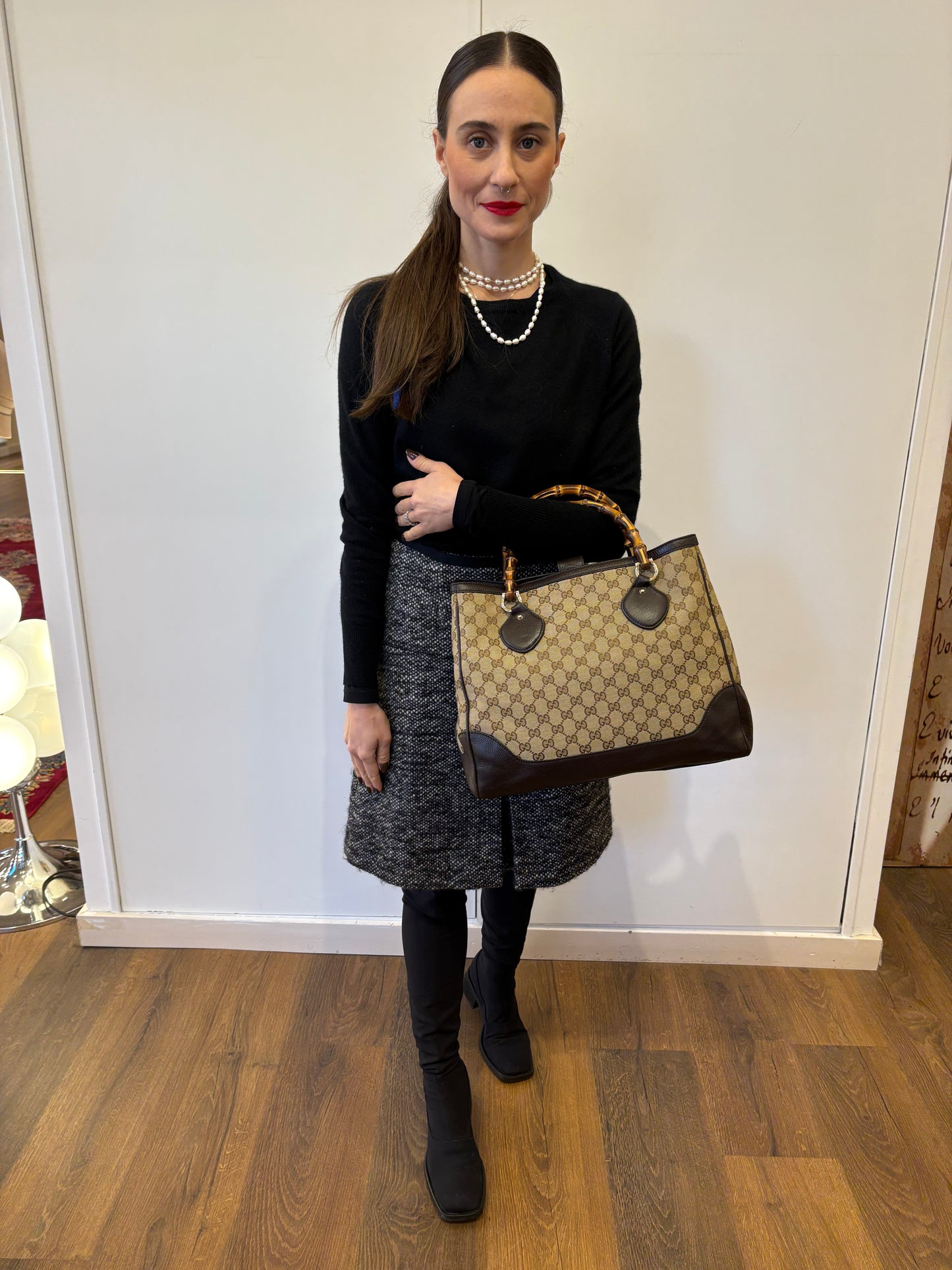 Gucci Diana  Tote Bag in tela GG e pelle  manici bamboo