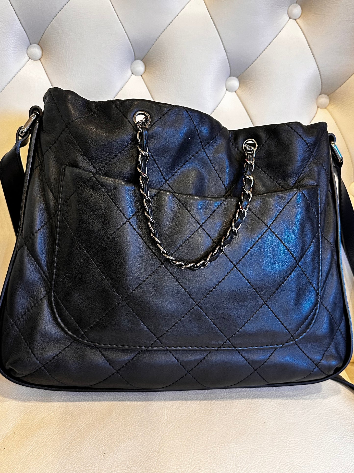 Chanel tote bag agnello nero metallo silver