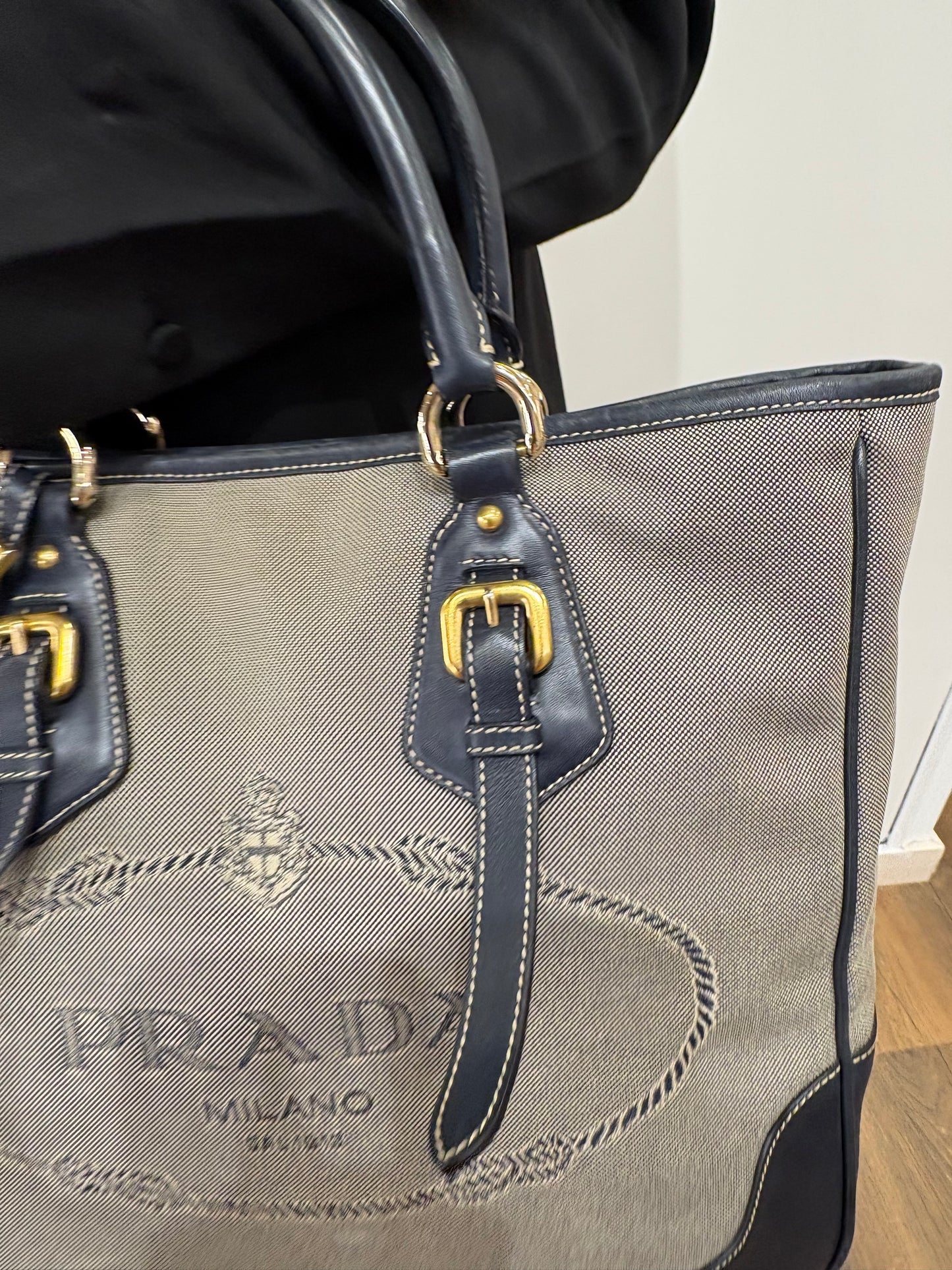 Prada borsa centenario in tela e pelle blu