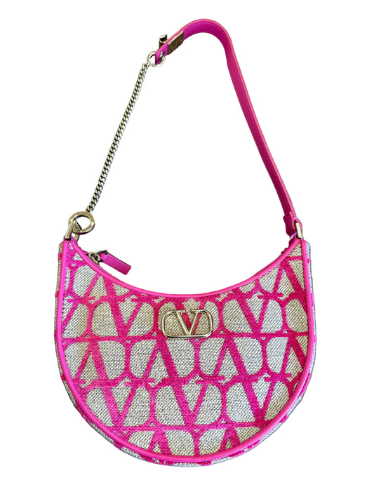 Borsa Mini Hobo Valentino Garavani VLogo Signature in Toile Iconographe Naturale e Rosa. Nuovo
