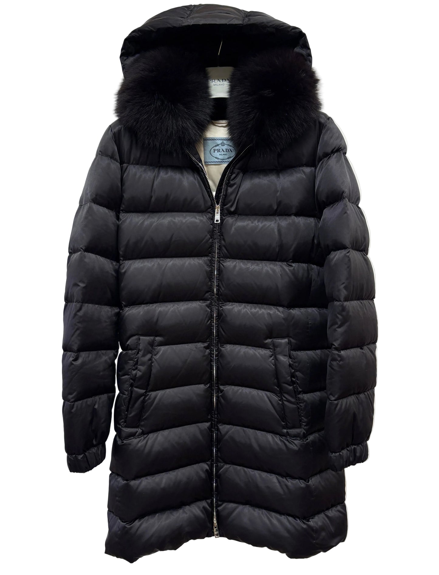 Prada piumino nero collo pelliccia e cappuccio tg42