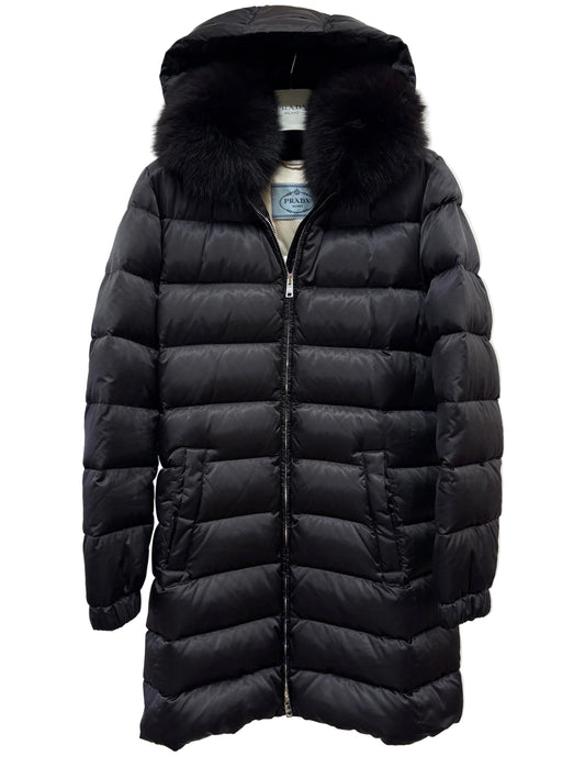 Prada piumino nero collo pelliccia e cappuccio tg42