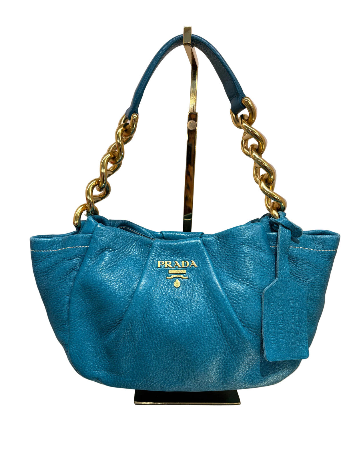 Borsa a spalla Prada Vintage Cervo Pleatsin pelle arricciata Turchese