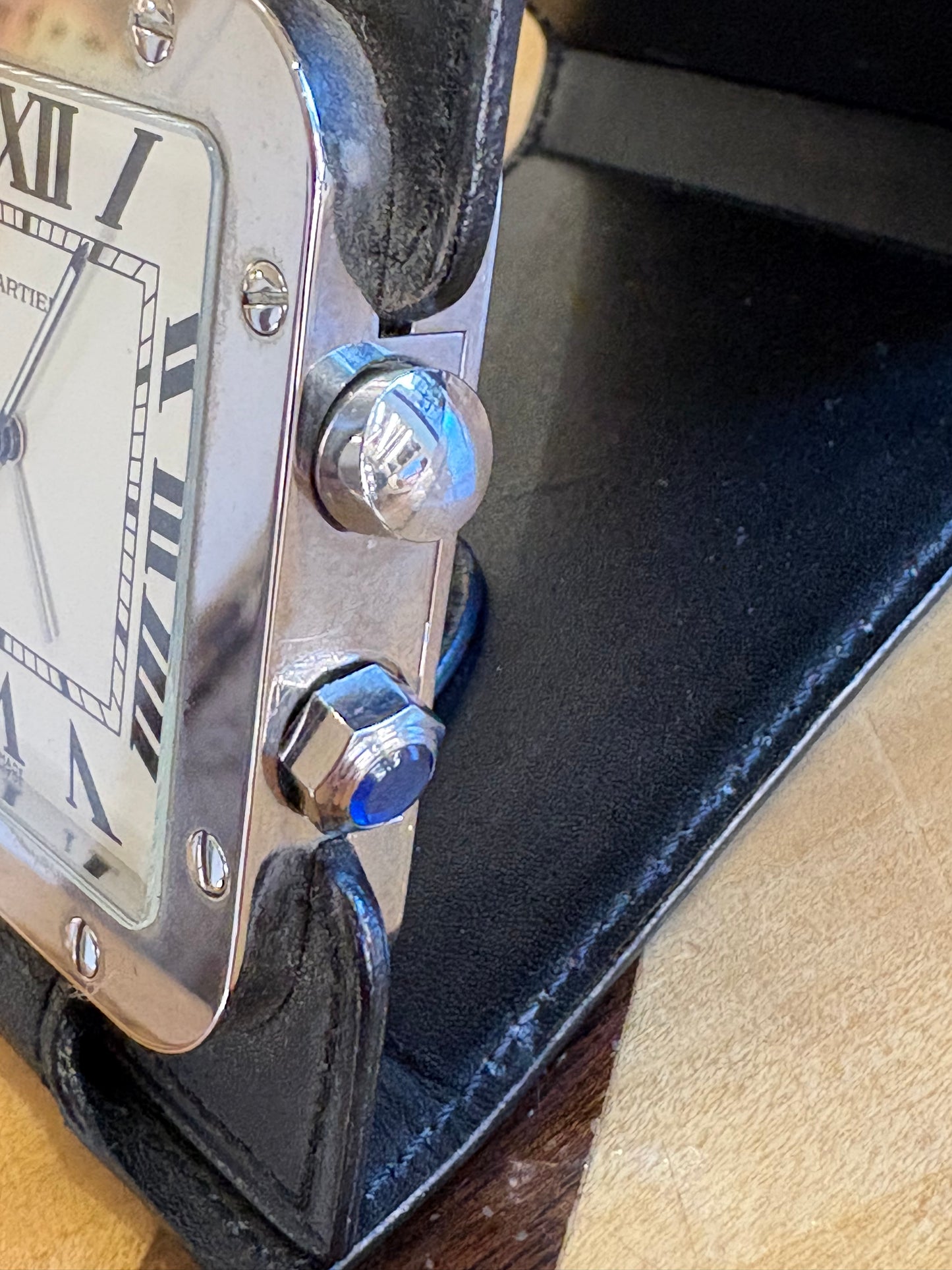 Cartier Orologio Sveglia da Viaggio Santos de Ref. 2750 in Acciaio e Pelle Nera
