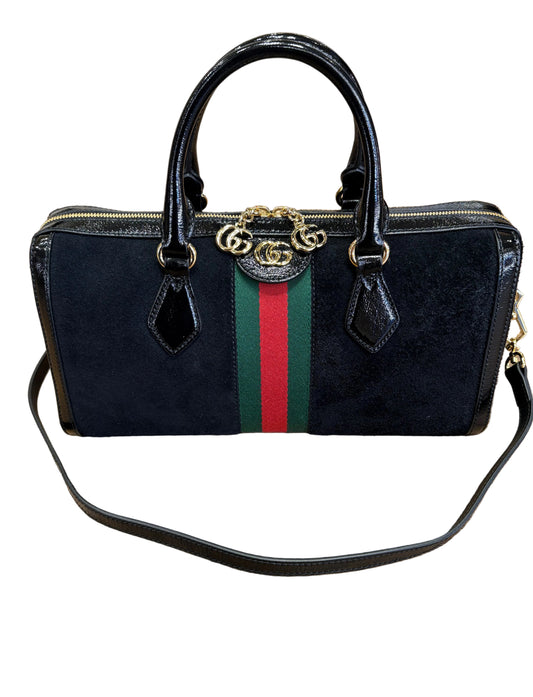 Borsa Bauletto Gucci Ophidia Medium in Pelle Scamosciata e Vernice. Nuovo