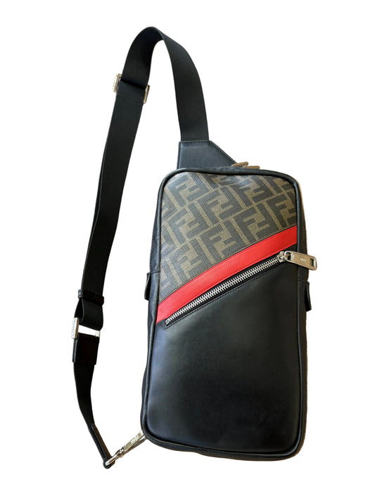 Zaino Monospalla Fendi FF Diagonal in Pelle e Tela Monogram  NeroTabacco
